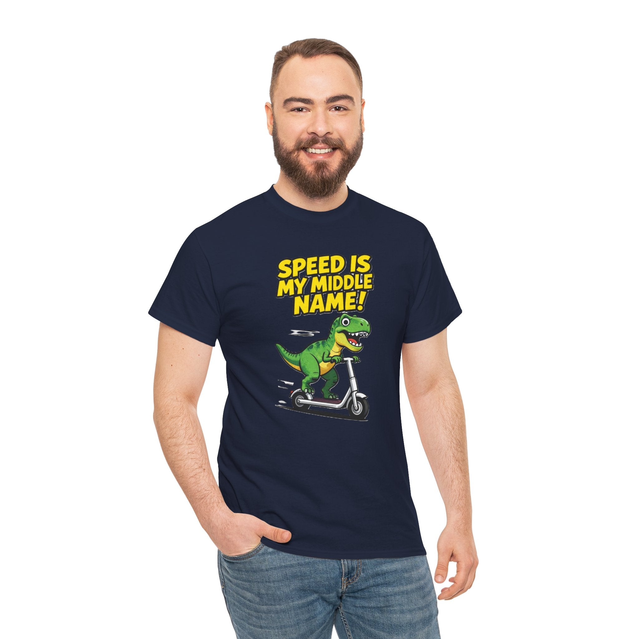 Speed Is My Middle Name T-Shirt – Funny T-Rex Electric Scooter Cartoon Dinosaur | Fast Dino Graphic Tee