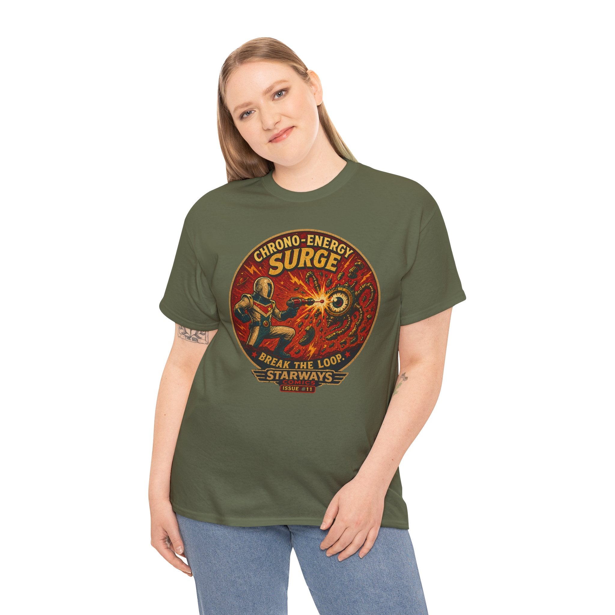 Chrono Energy Surge Retro Sci-Fi T-Shirt | Starways Comics Issue 11 | Vintage Astronaut Ray Gun Battle Graphic Tee | Classic Space Age Comic Art