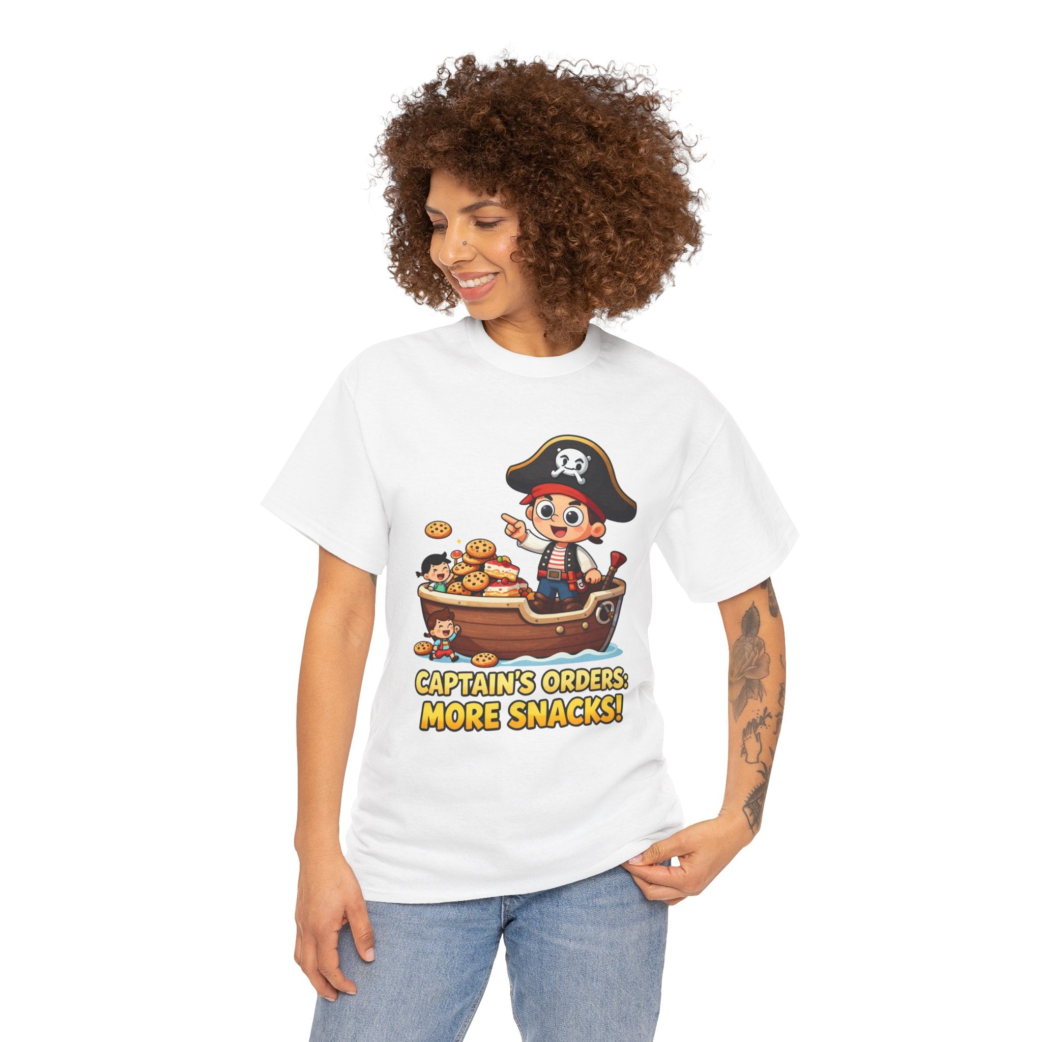 Captain's Orders More Snacks T-Shirt – Funny Pirate Cookie Cake Food Cartoon | Nautical Foodie Humour Graphic Tee