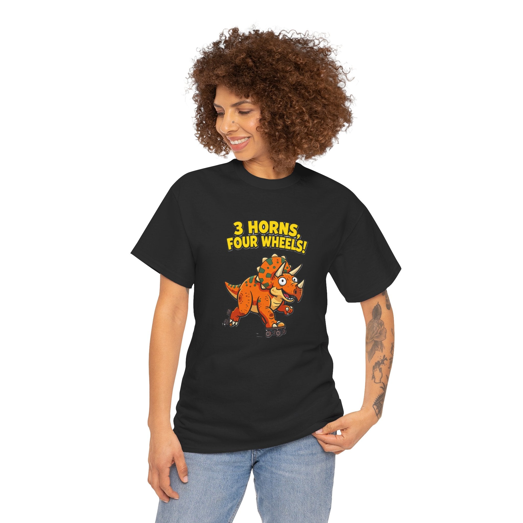 3 Horns Four Wheels T-Shirt – Funny Triceratops Roller Skate Cartoon Dinosaur | Dino Skater Graphic Tee