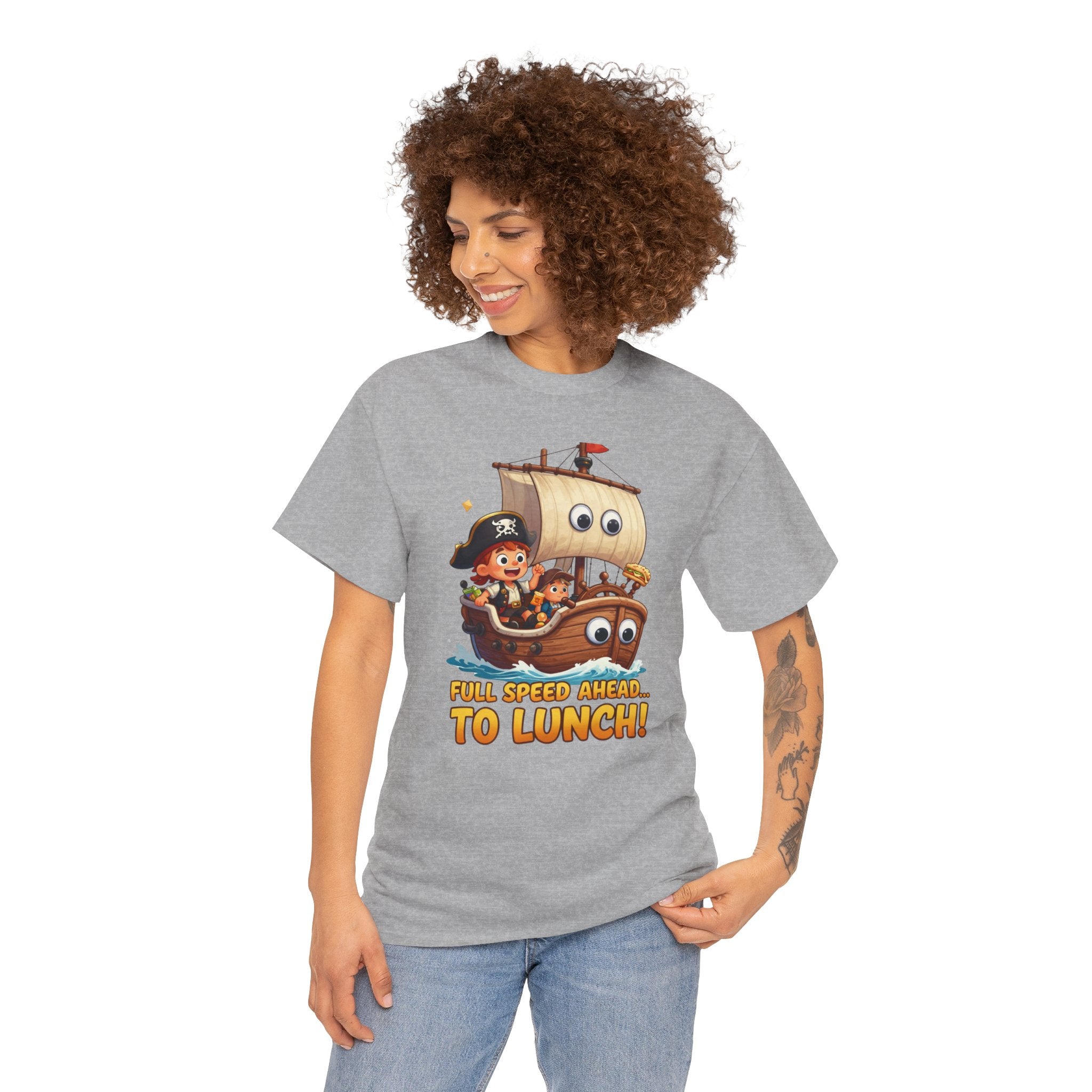Full Speed Ahead To Lunch T-Shirt – Funny Pirate Ship Food Cartoon | Nautical Foodie Humour Graphic Tee