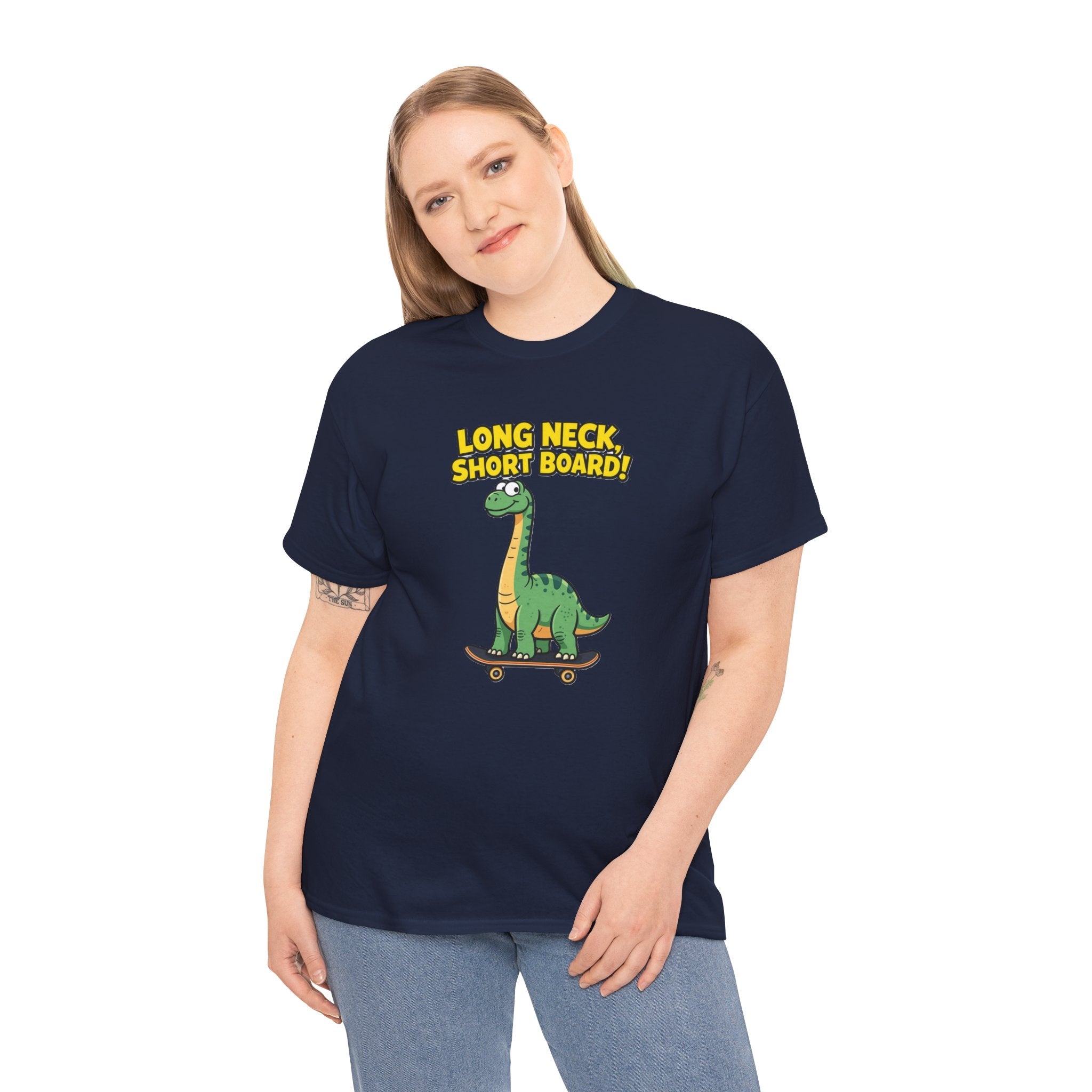 Long Neck Short Board T-Shirt – Funny Brachiosaurus Skateboard Cartoon Dinosaur | Tall Dino Skater Pun Graphic Tee