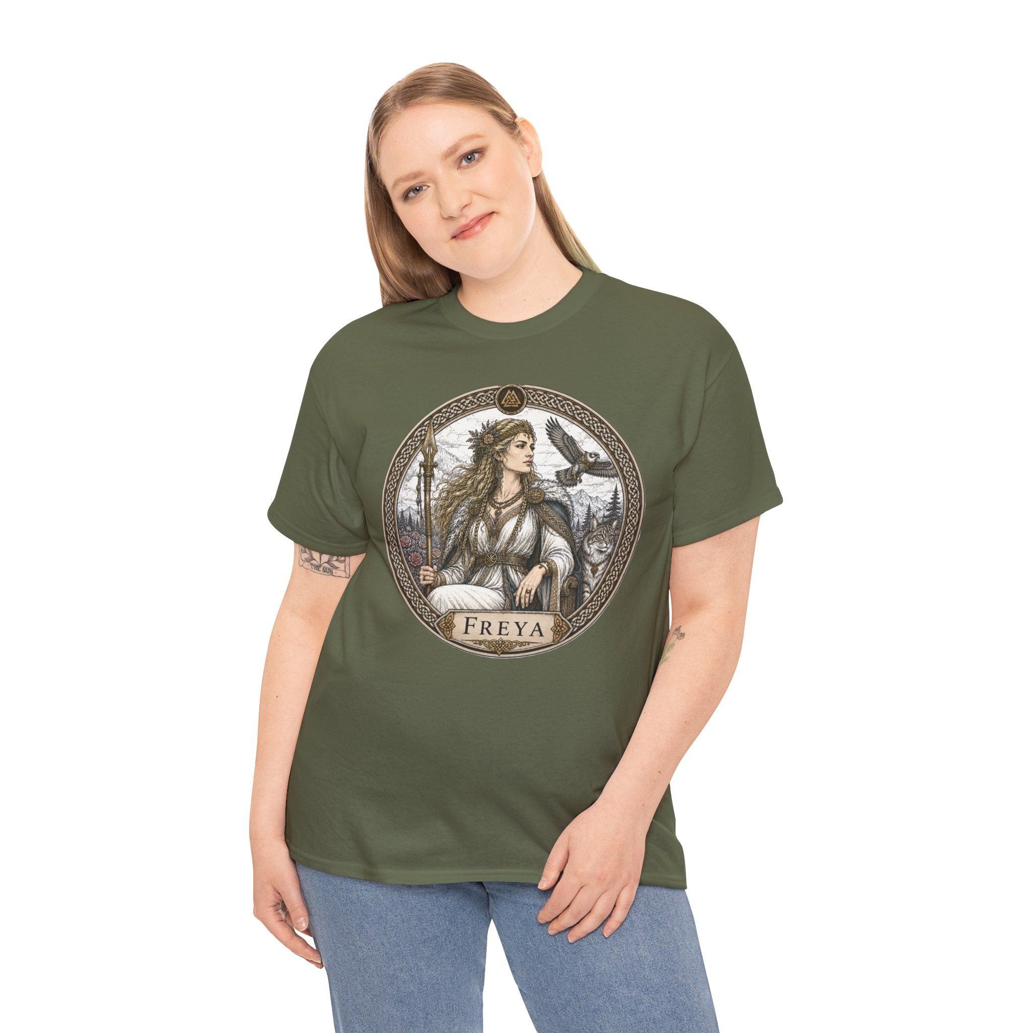 Freya Norse Mythology T-Shirt — Viking Goddess of War Love Falcon Valknut