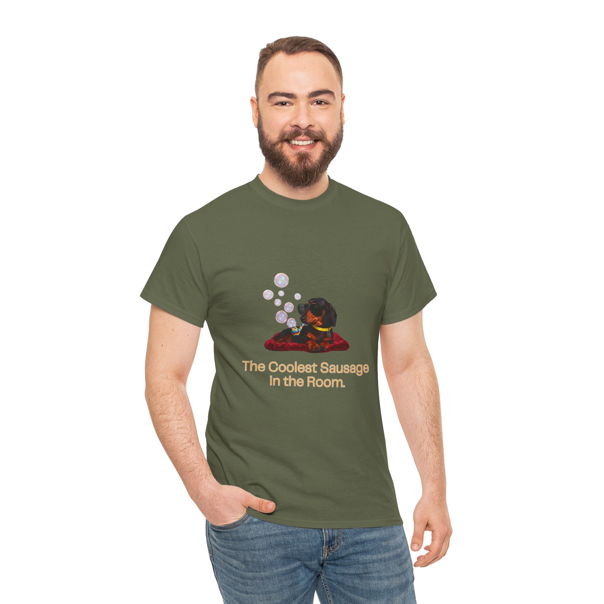 The Coolest Sausage in the Room T-Shirt – Funny Dachshund Sunglasses Bubble Pipe | Sausage Dog Wiener Dog Graphic Tee