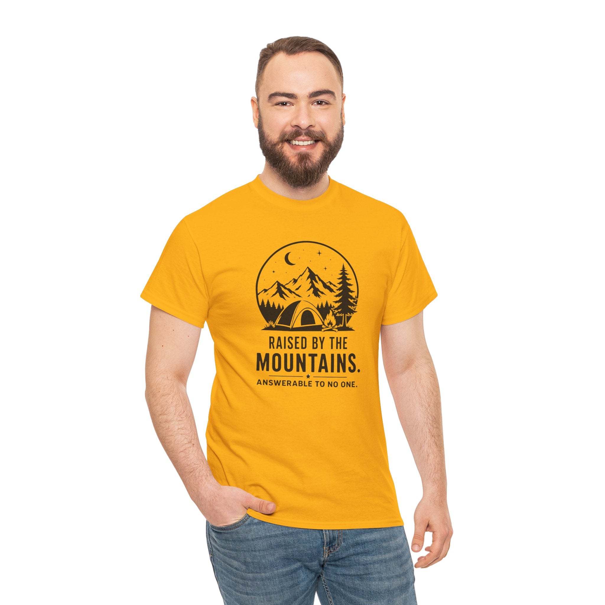 Mountain Camp Graphic Tee — "Raised by the Mountains" Adventure T‑Shirt