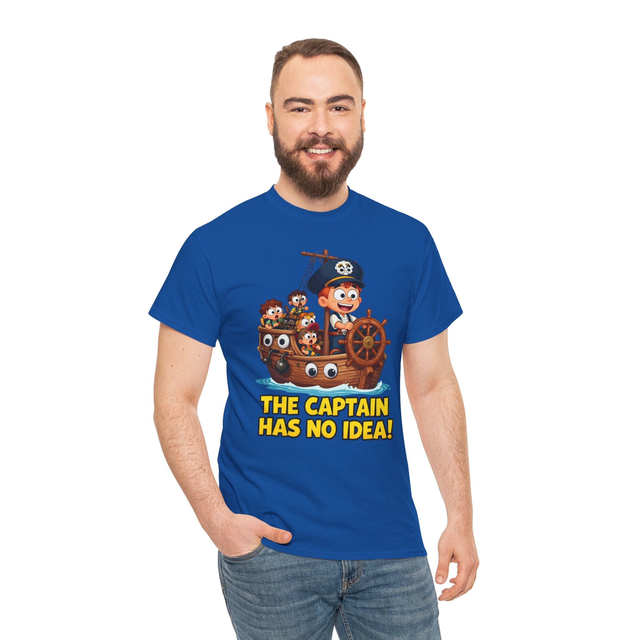 The Captain Has No Idea T-Shirt – Funny Cartoon Pirate Ship Clueless Captain | Nautical Humour Graphic Tee