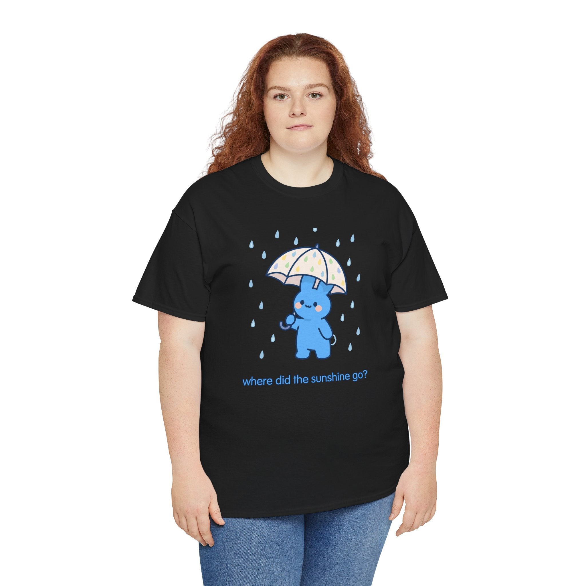 Cute Blue Bunny Tee — "Where Did the Sunshine Go?" Rainy Day Graphic T-Shirt - Where did the sunshine go? 🌧️🐰 Our little blue bunny is braving the rain with the cutest polka dot umbrella