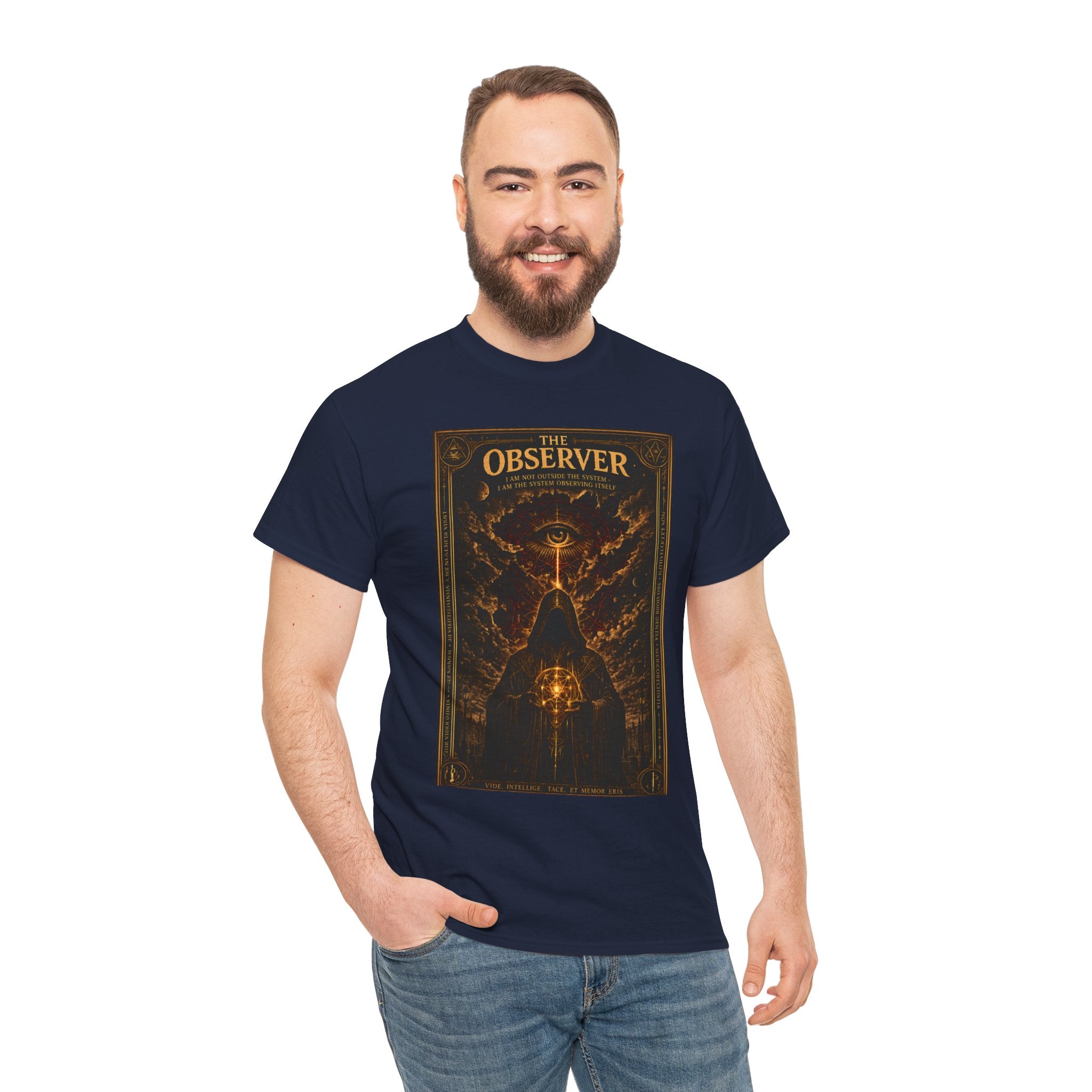 The Observer T-Shirt | Occult All Seeing Eye Graphic Tee | Esoteric Conspiracy Hooded Figure Shirt | Dark Academia Mystic Art