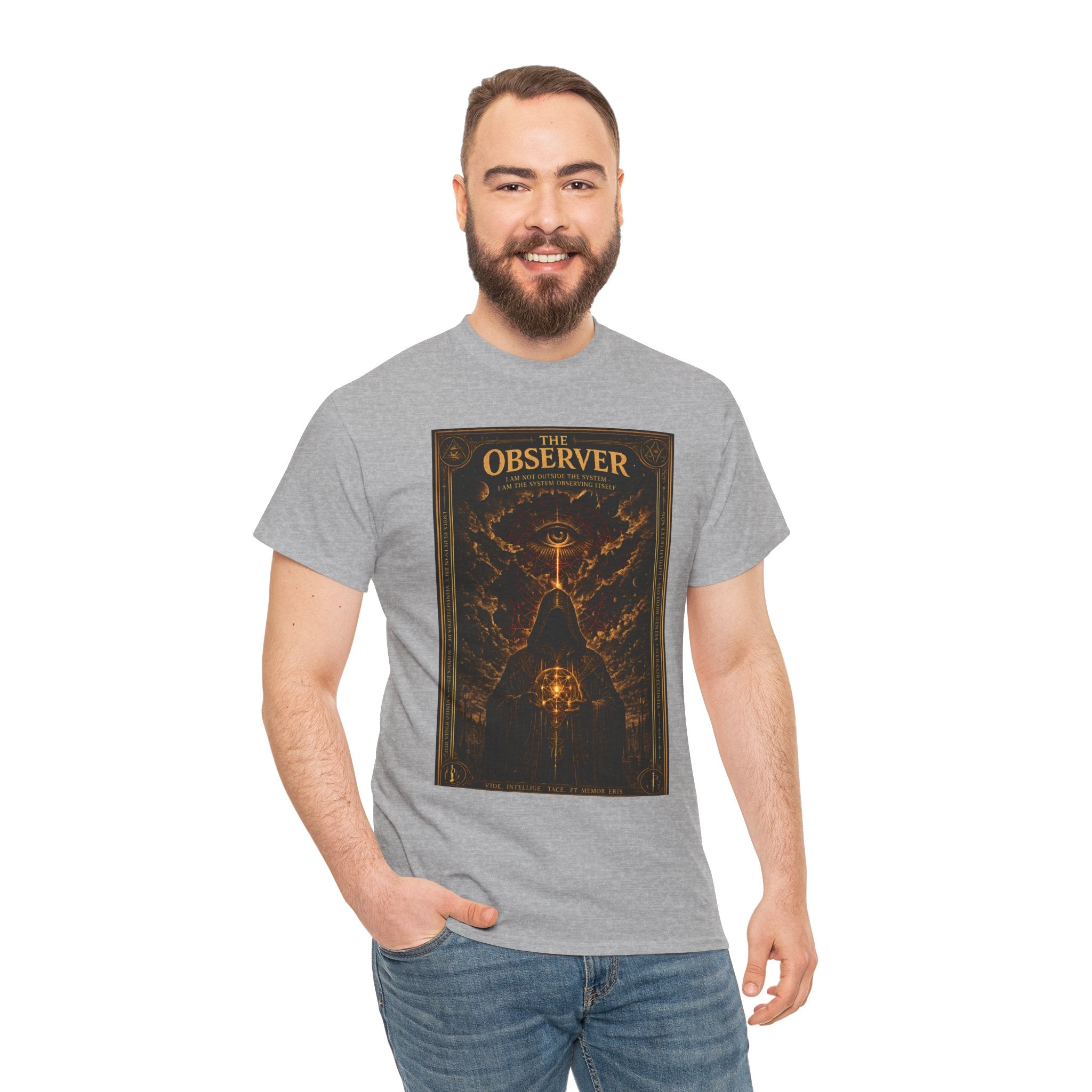 The Observer T-Shirt | Occult All Seeing Eye Graphic Tee | Esoteric Conspiracy Hooded Figure Shirt | Dark Academia Mystic Art