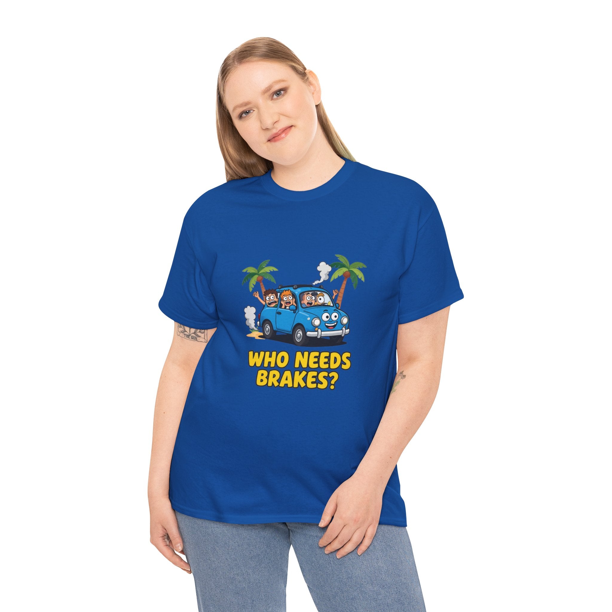 Who Needs Brakes T-Shirt – Funny Cartoon Car Holiday Road Trip | Terrified Passengers Driving Humour Graphic Tee