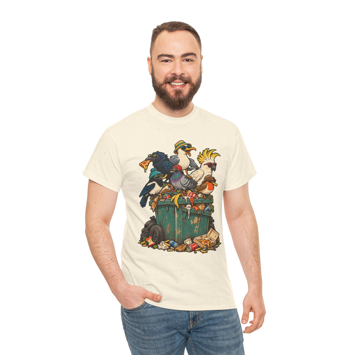 The Bin Squad Funny Birds T-Shirt – Cartoon Birds Raiding a Wheelie Bin Tee