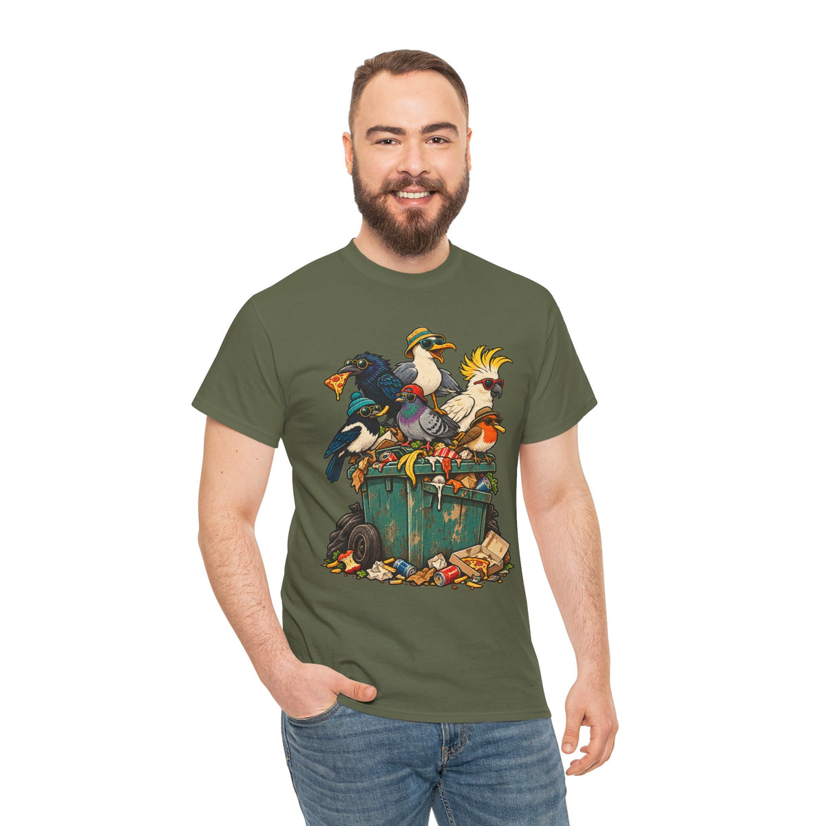 The Bin Squad Funny Birds T-Shirt – Cartoon Birds Raiding a Wheelie Bin Tee