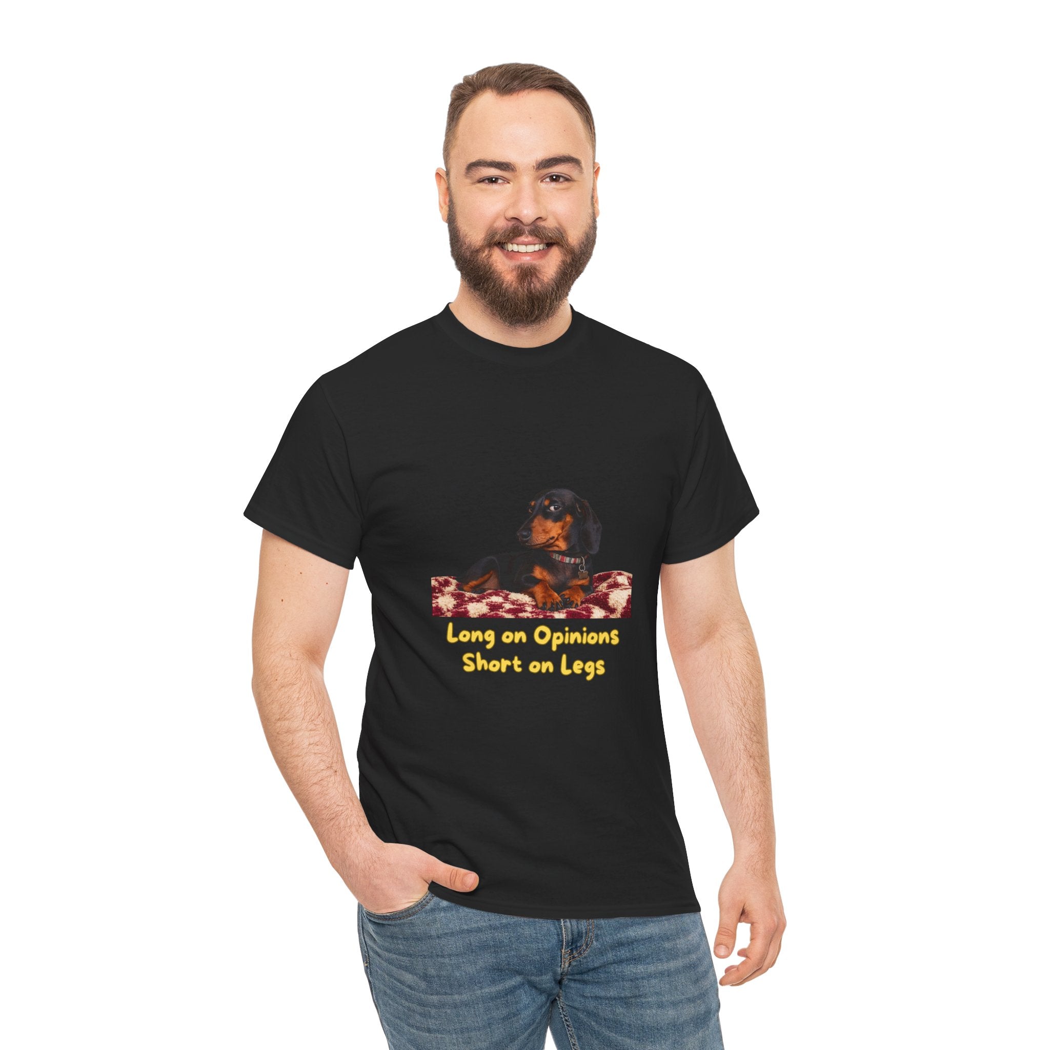 Long on Opinions Short on Legs T-Shirt – Funny Dachshund Sausage Dog Quote | Wiener Dog Attitude Graphic Tee