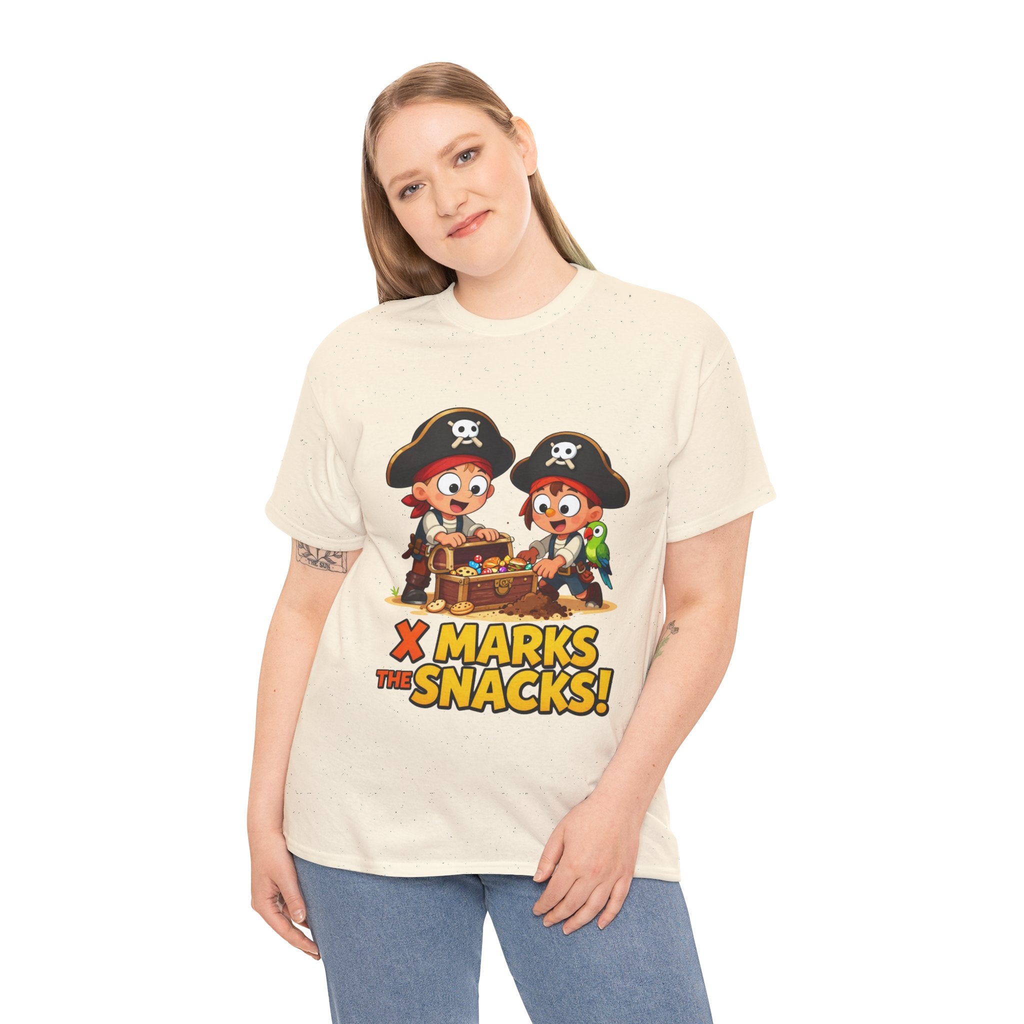 X Marks the Snacks T-Shirt – Funny Pirate Treasure Chest Food Cartoon | Pirate Parrot Foodie Humour Graphic Tee