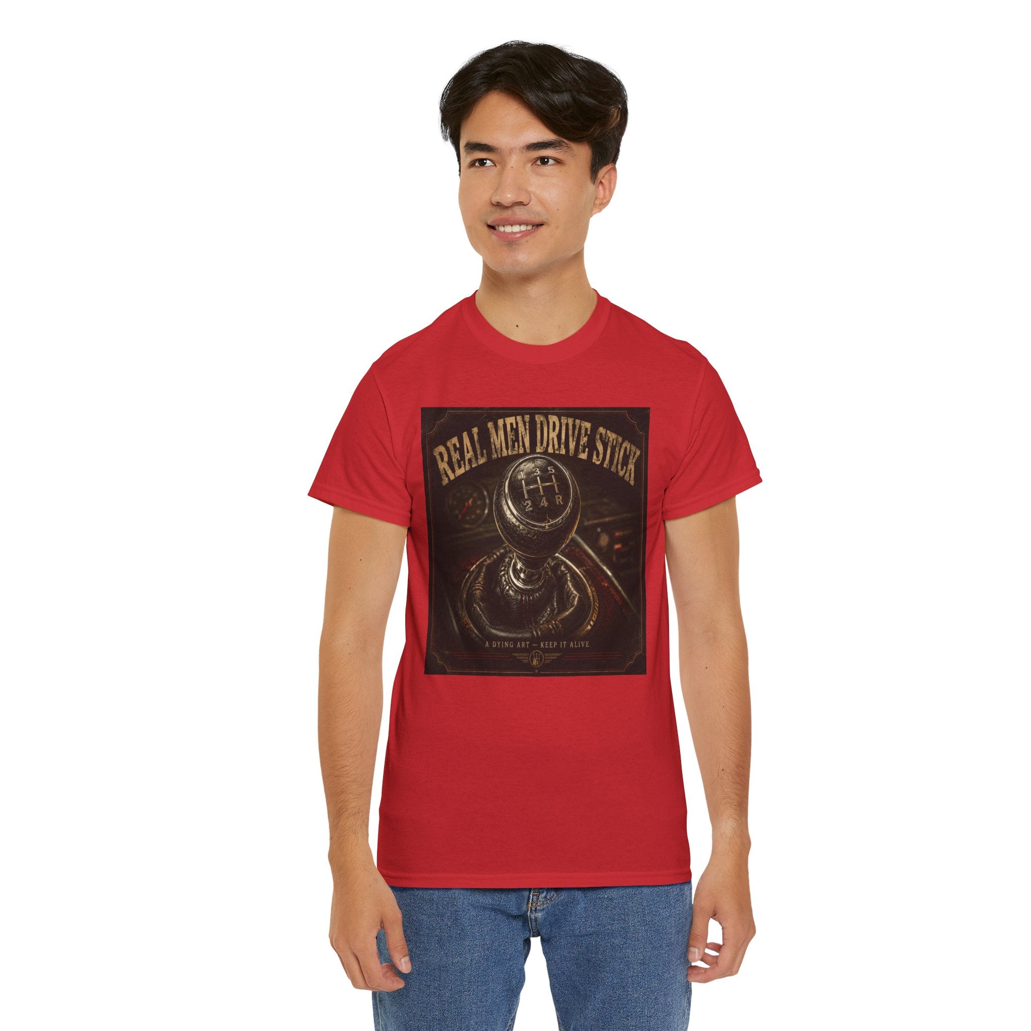 Real Men Drive Stick T-Shirt | Manual Transmission Graphic Tee | Stick Shift Car Lover Shirt | Vintage Gearhead Humour Art