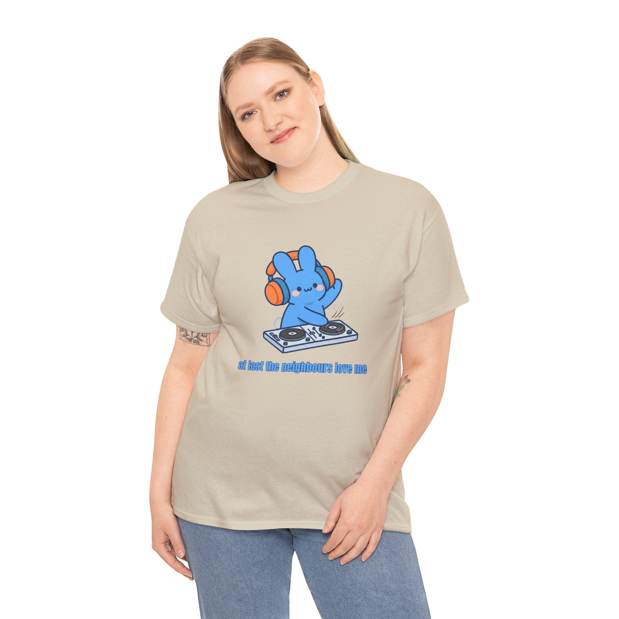DJ Bunny T‑Shirt — "At least the neighbors love me" Cute Bunny DJ Graphic Tee - Do Not Disturb – Cute Kawaii Bunny Music Headphones Cartoon Graphic T-Shirt