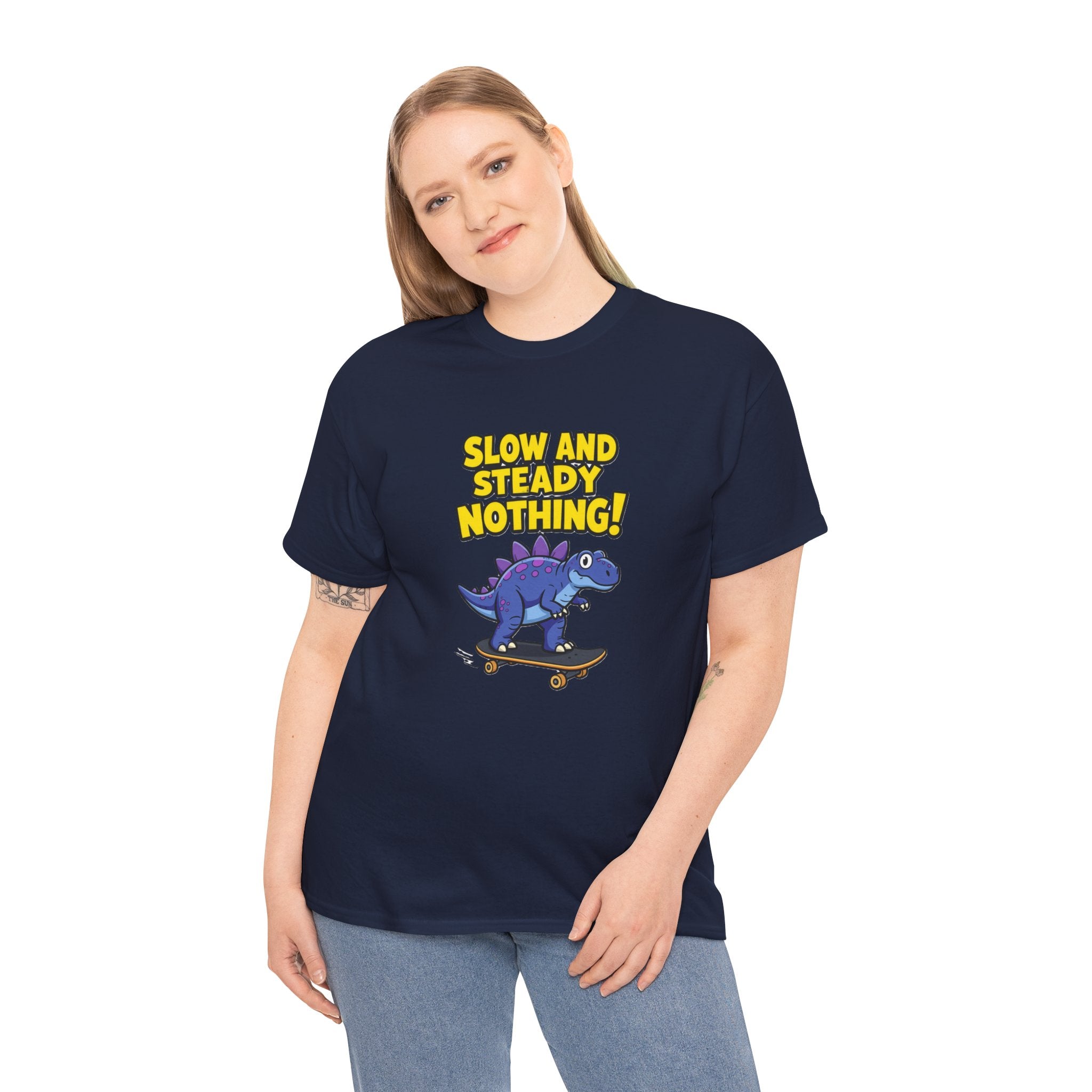 Slow and Steady Nothing T-Shirt – Funny Purple Stegosaurus Skateboard Cartoon | Dino Skater Saying Graphic Tee