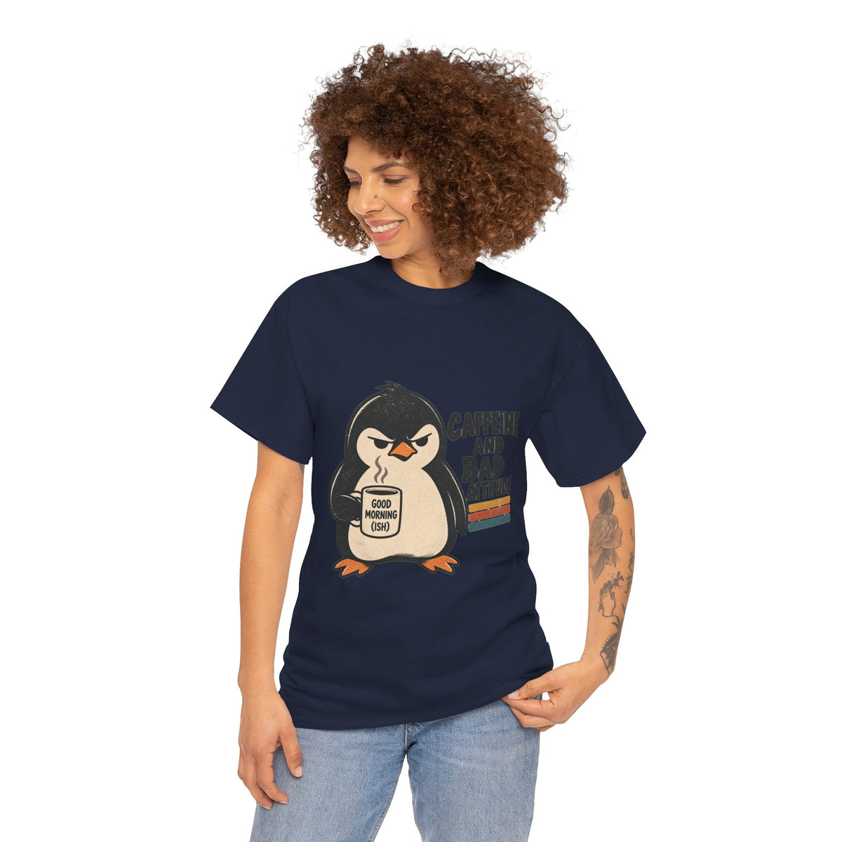 Caffeine and Bad Attitude Grumpy Penguin Coffee T-Shirt