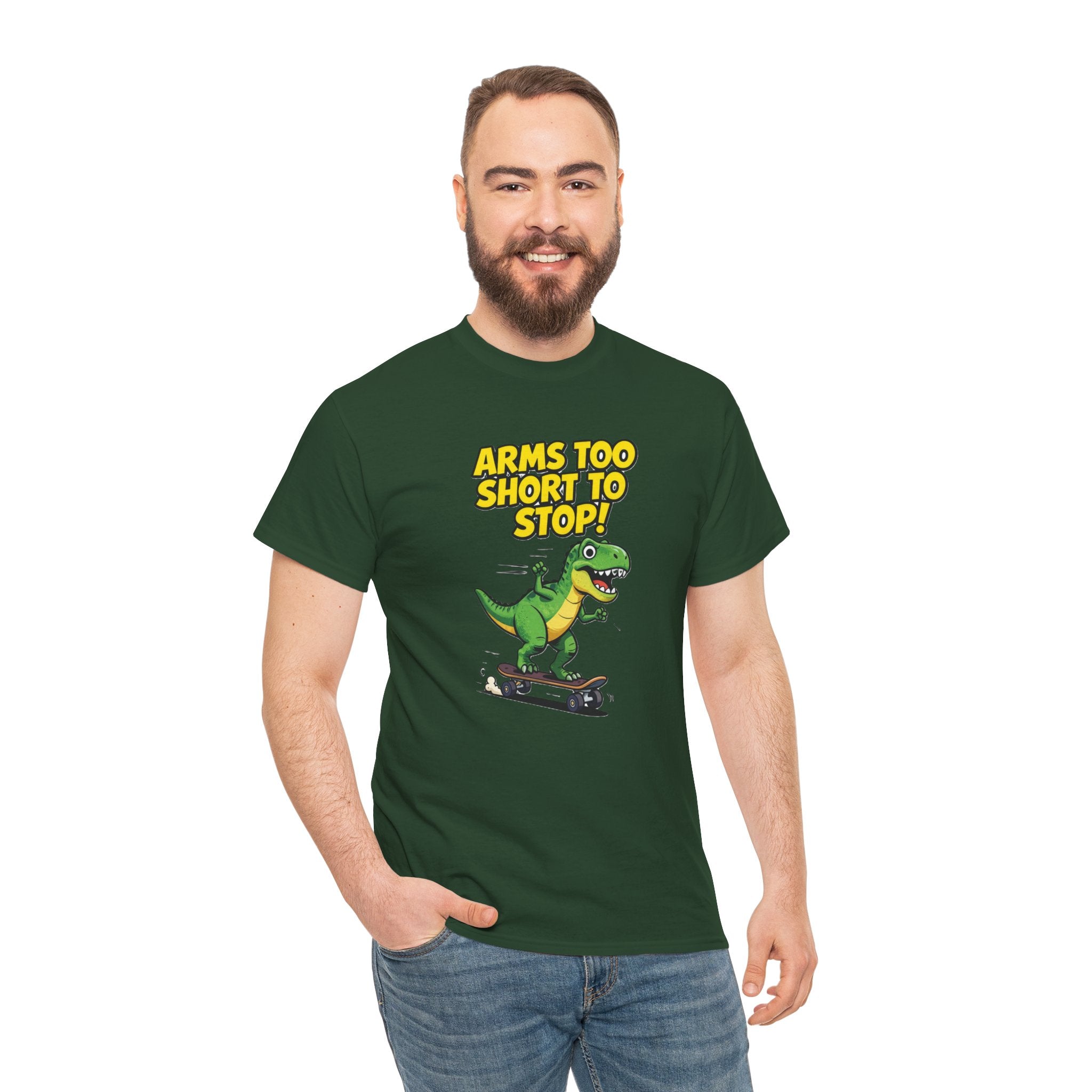 Arms Too Short to Stop T-Shirt – Funny T-Rex Skateboard Cartoon Dinosaur | T-Rex Arms Pun Graphic Tee