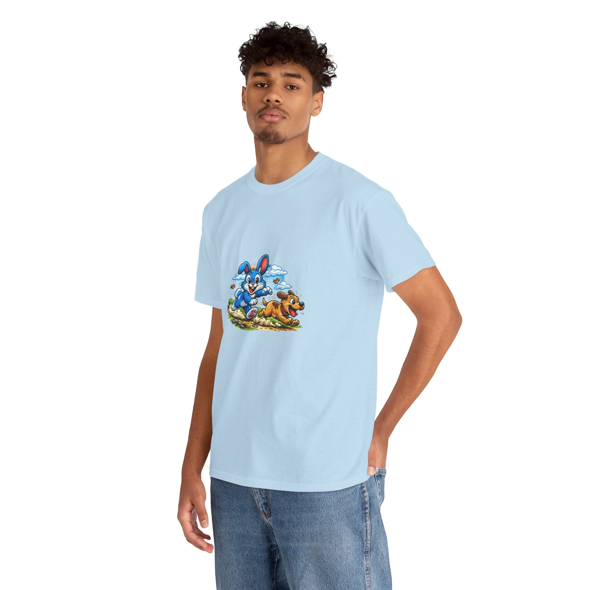 T-Shirt — Playful Blue Bunny & Dog Cartoon Graphic Tee