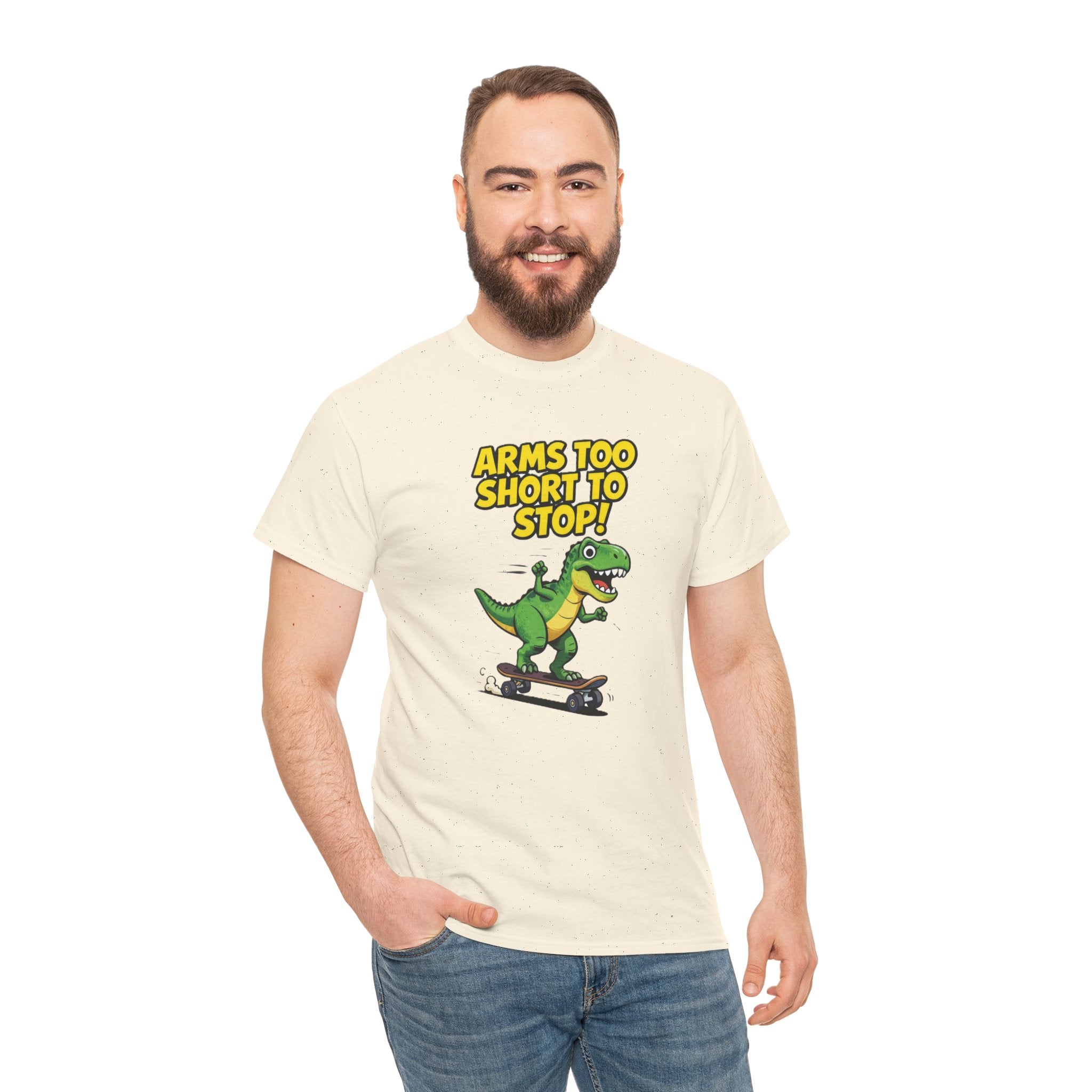 Arms Too Short to Stop T-Shirt – Funny T-Rex Skateboard Cartoon Dinosaur | T-Rex Arms Pun Graphic Tee