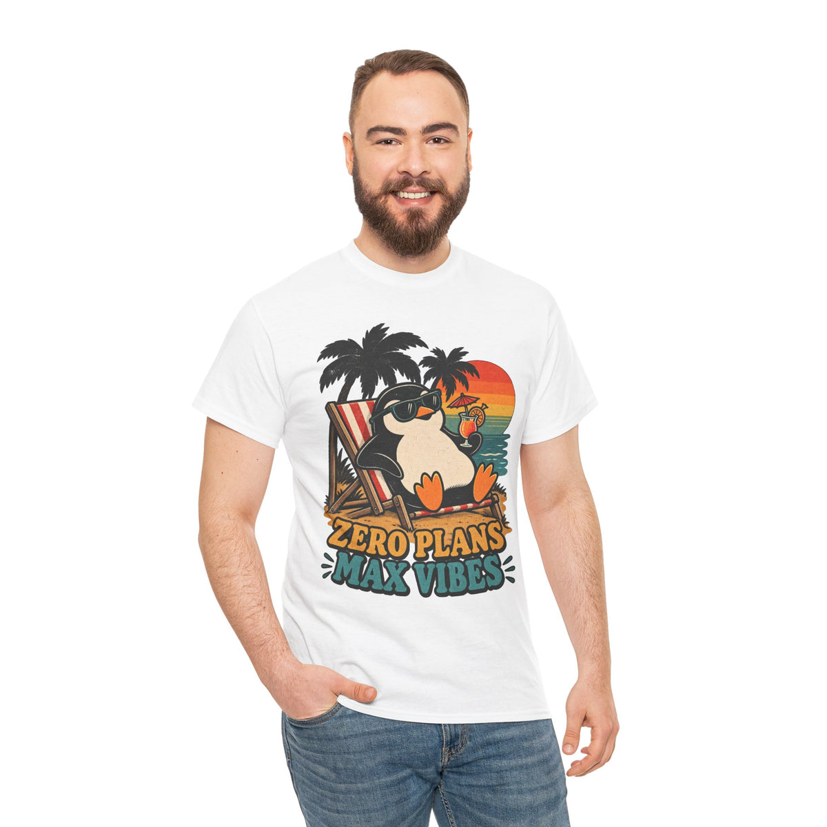 T-Shirt — "Zero Plans, Max Vibes" Penguin Beach Tee