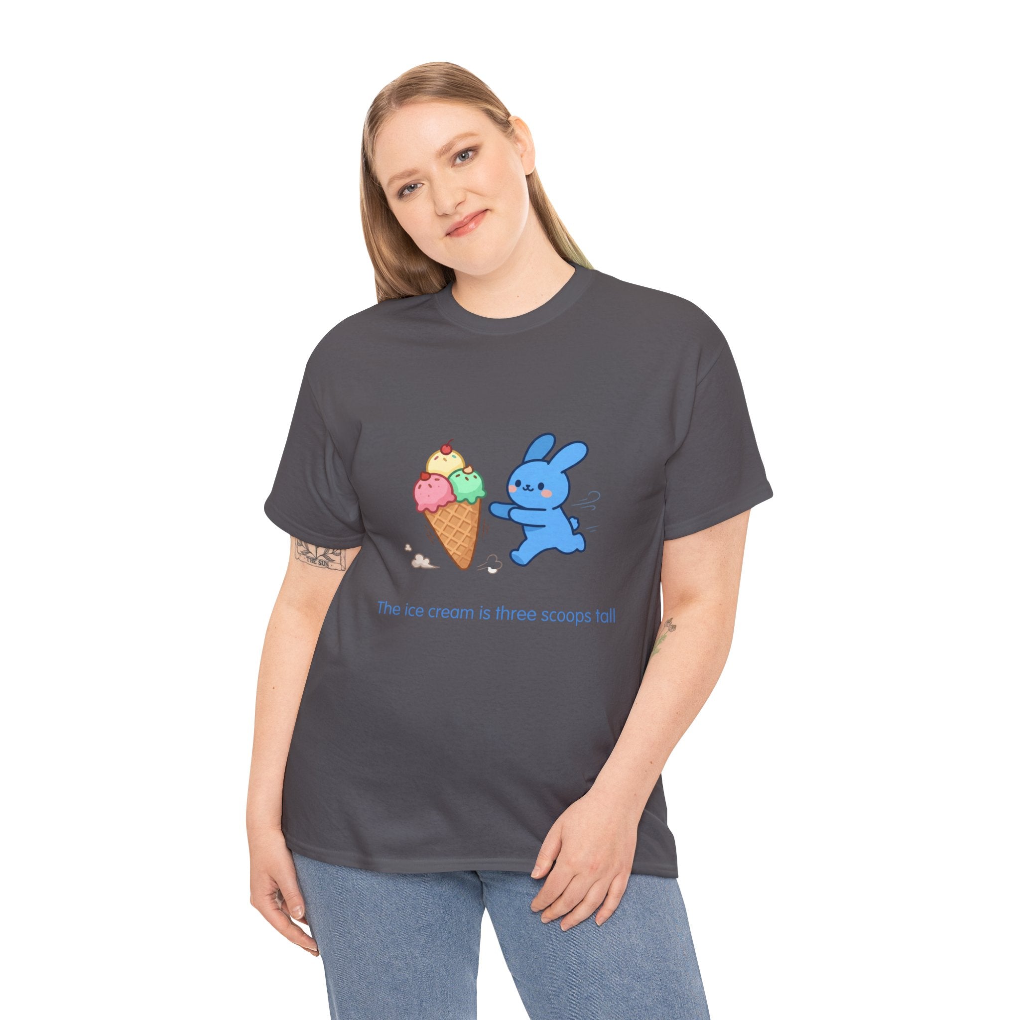 Ice Cream Bunny T-Shirt — The ice cream is three scoops tall. The bunny is determined.