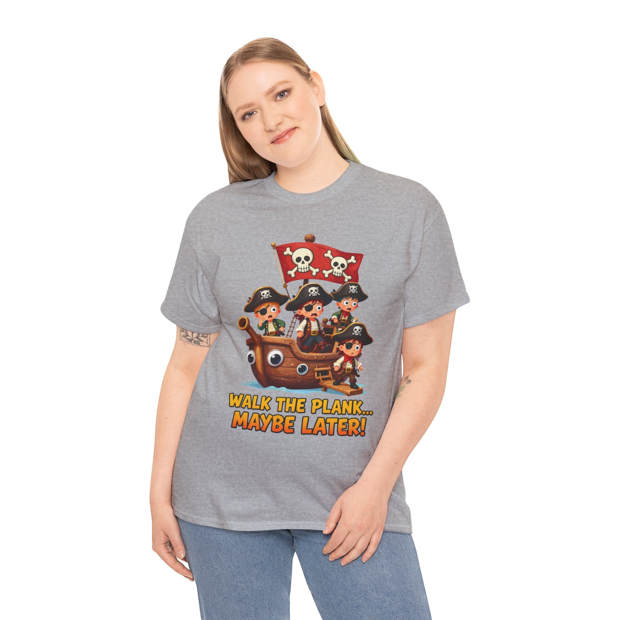 Walk the Plank Maybe Later T-Shirt – Funny Cartoon Pirate Ship Jolly Roger | Procrastination Humour Graphic Tee