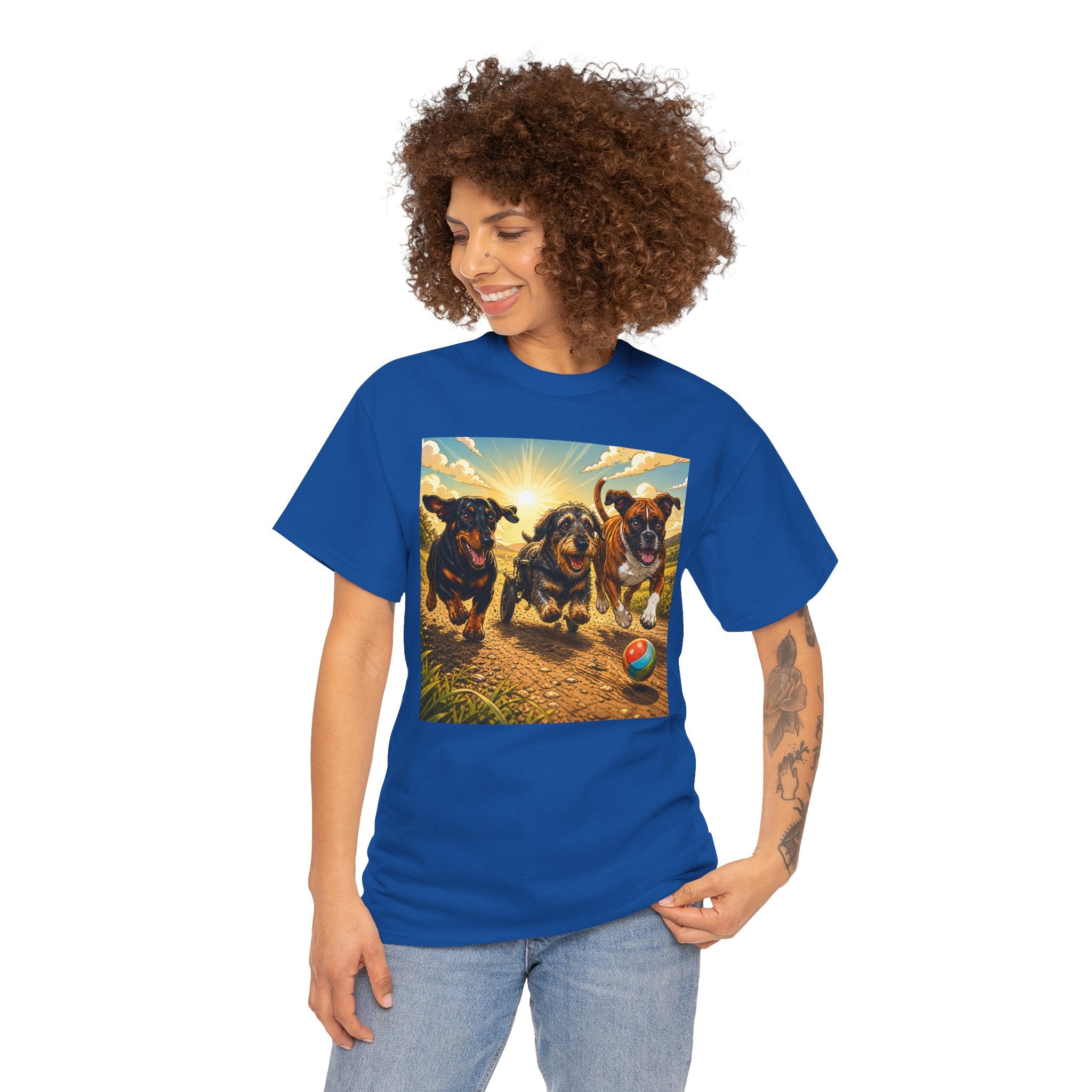 Three Dogs No Limits T-Shirt | Wheelchair Dachshund Boxer Friendship Tee | Inclusive Pet Lover Graphic Shirt |Dog Awareness Gift