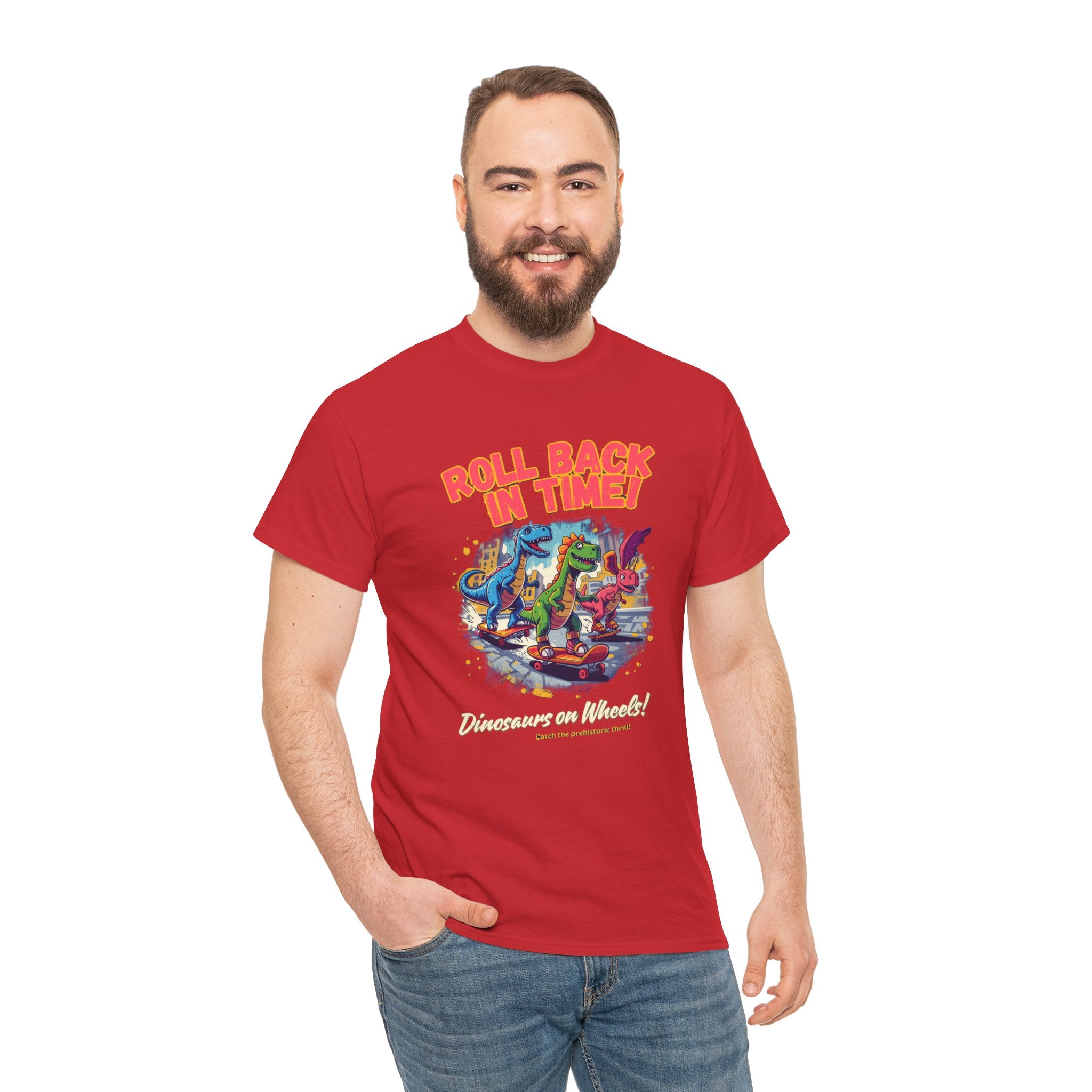 Roll Back In Time T-Shirt | Skateboarding Dinosaurs Street Art Design | Funny Dino Graphic Tee | Cartoon Fun Collection