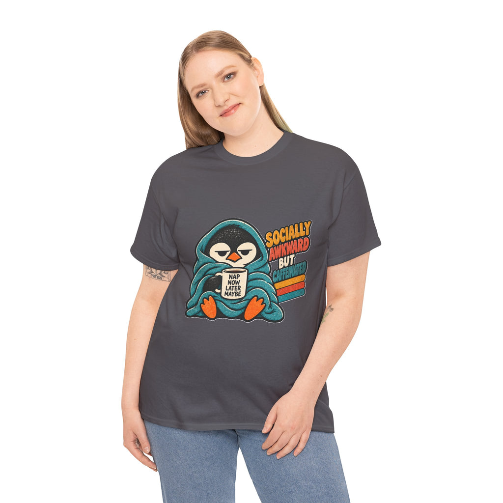 Socially Awkward But Caffeinated Penguin T-Shirt – Funny Introvert Coffee Tee