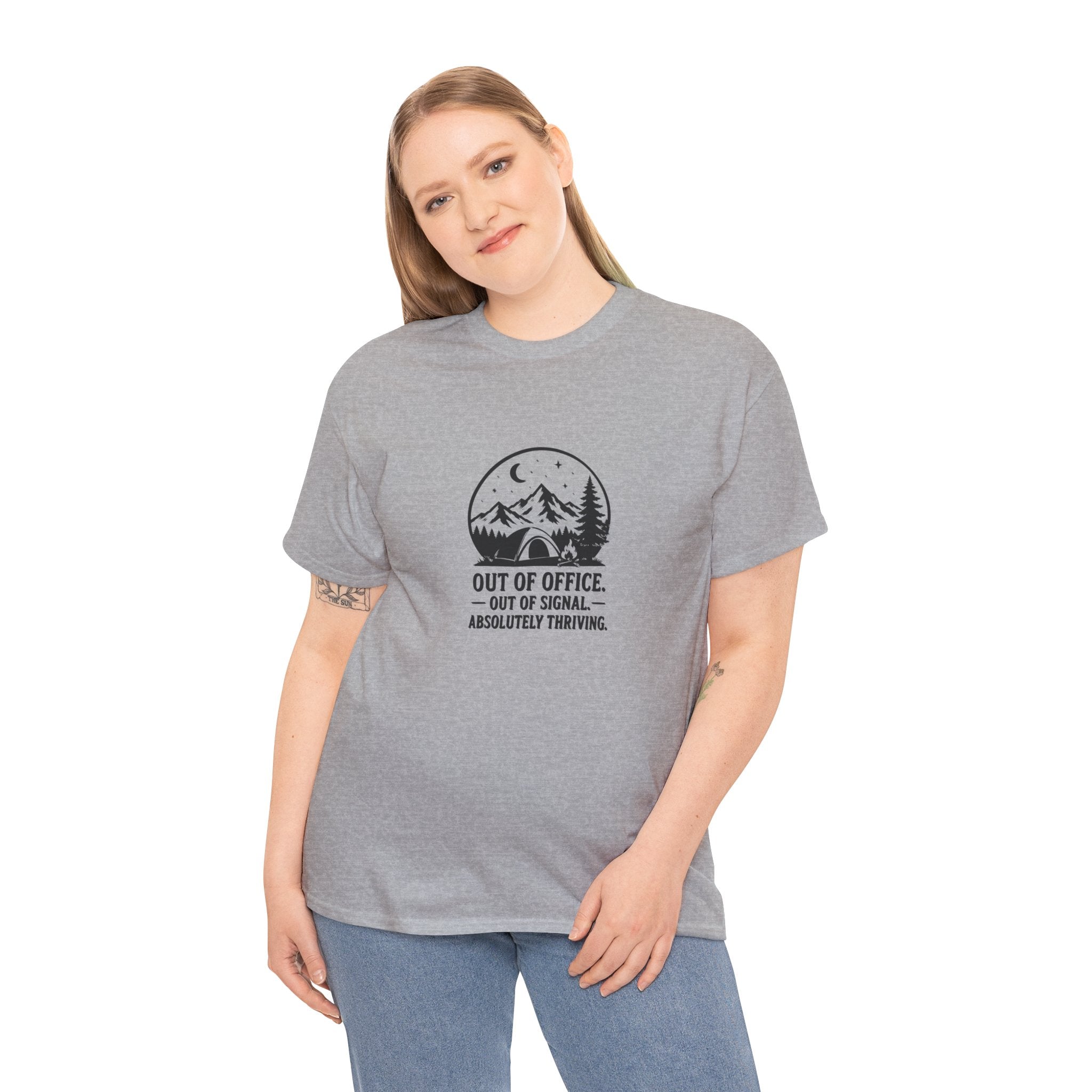 Out of Office Camping T‑Shirt — “Out of Office, Out of Signal, Absolutely Thriving”