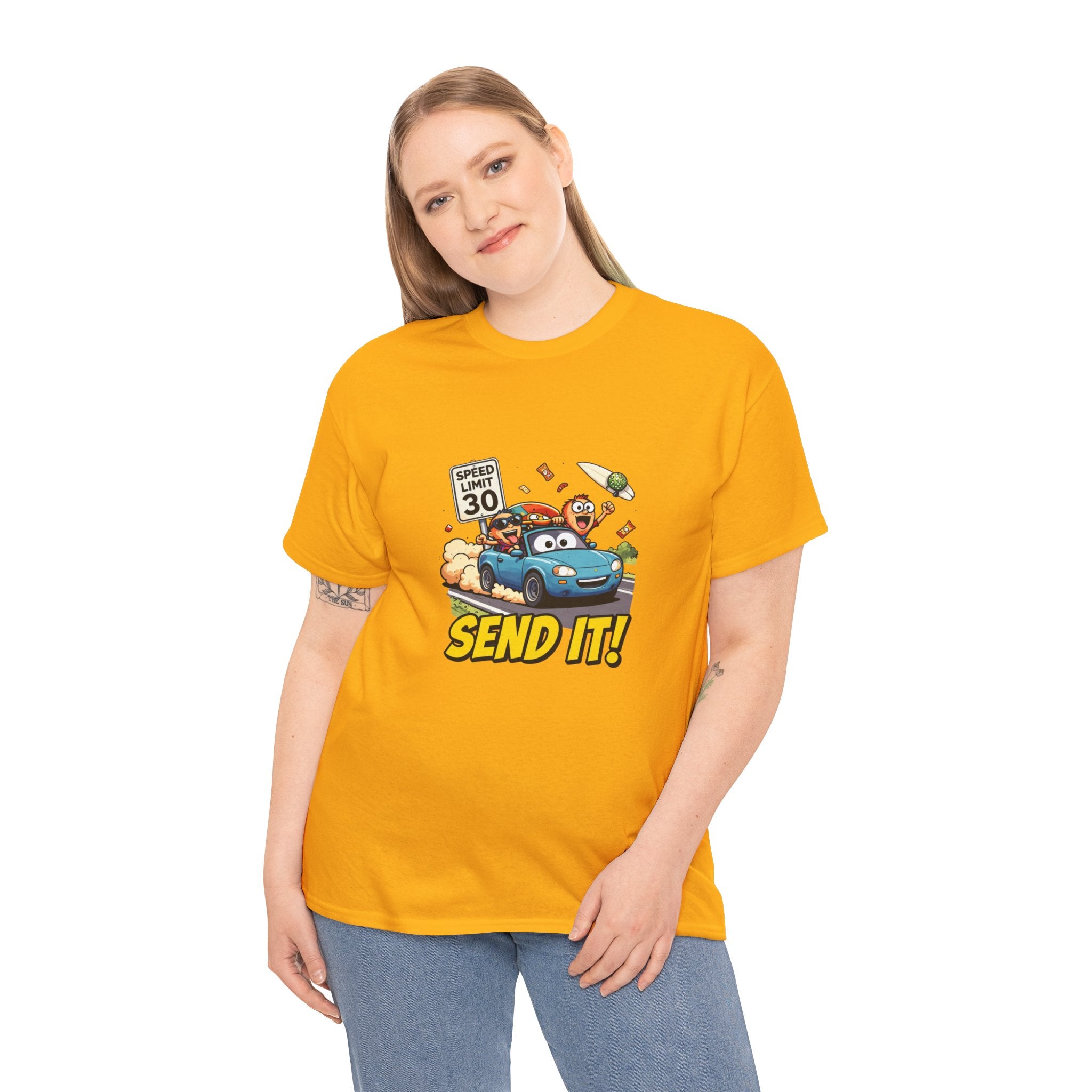 Send It T-Shirt – Funny Car Road Trip Speed Limit Graphic Tee | Cartoon Convertible Motorsport Humour