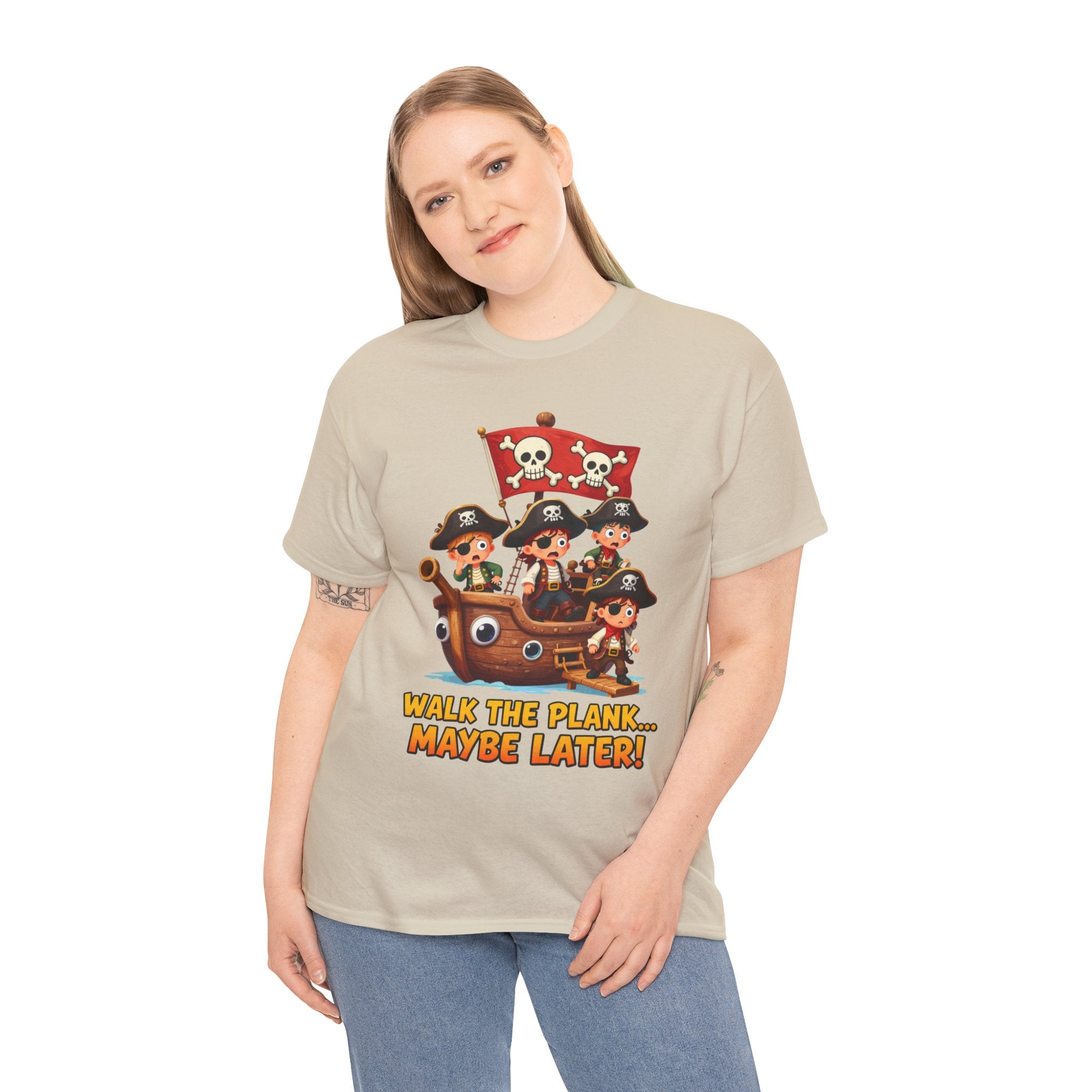 Walk the Plank Maybe Later T-Shirt – Funny Cartoon Pirate Ship Jolly Roger | Procrastination Humour Graphic Tee