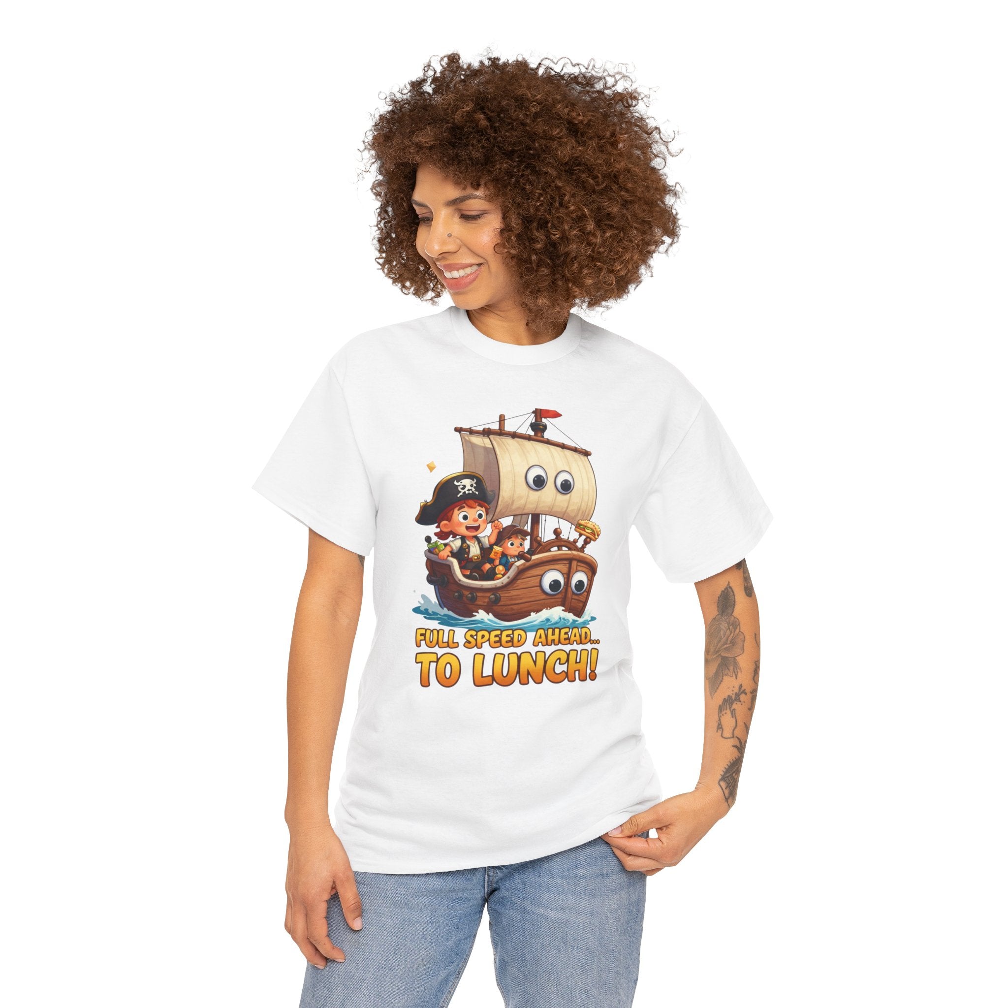 Full Speed Ahead To Lunch T-Shirt – Funny Pirate Ship Food Cartoon | Nautical Foodie Humour Graphic Tee