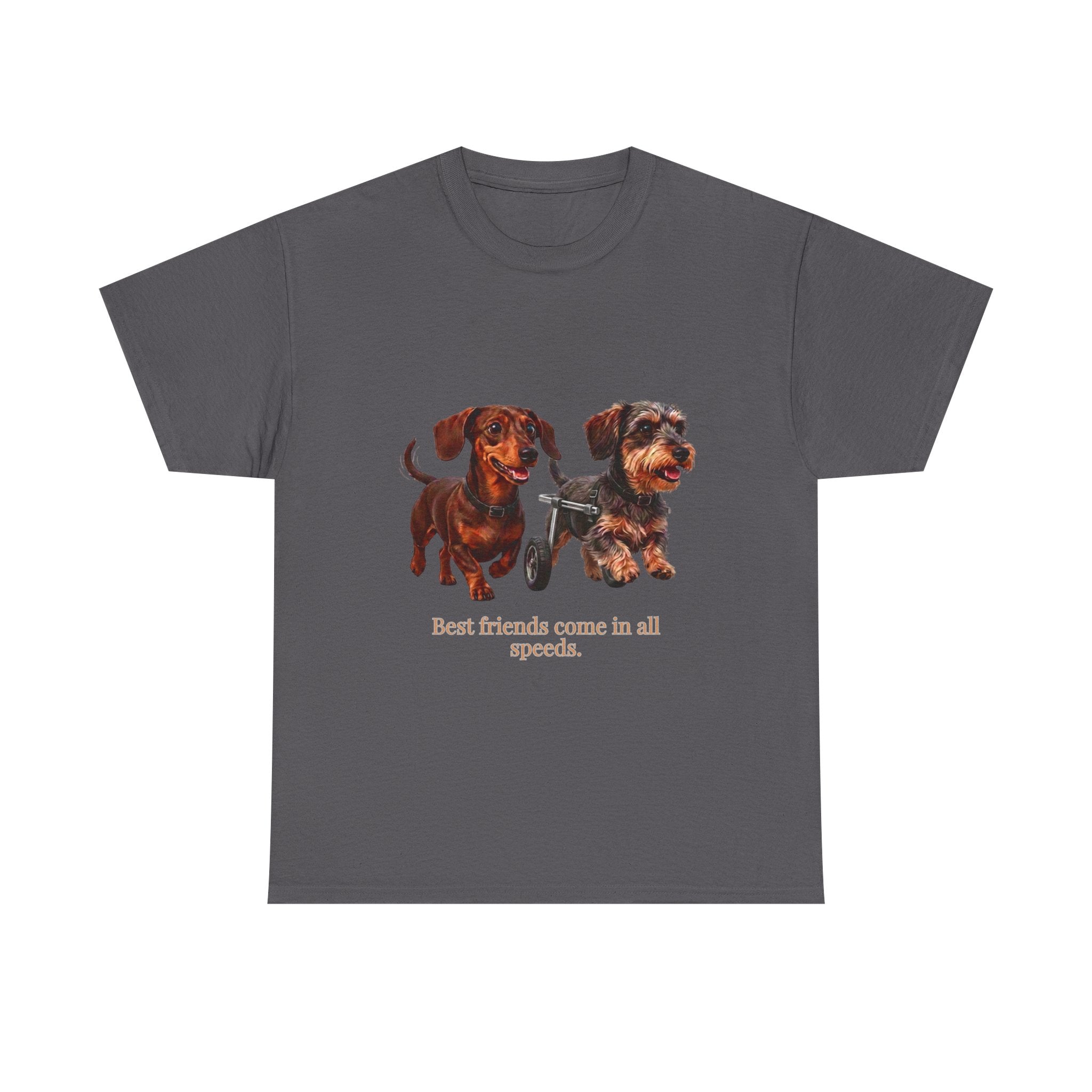 Dachshund Friends T-Shirt — Best Friends Roll Together | Cute Dachshund Mobility Dog Tee | Heartwarming Furry Friends Graphic T-Shirt