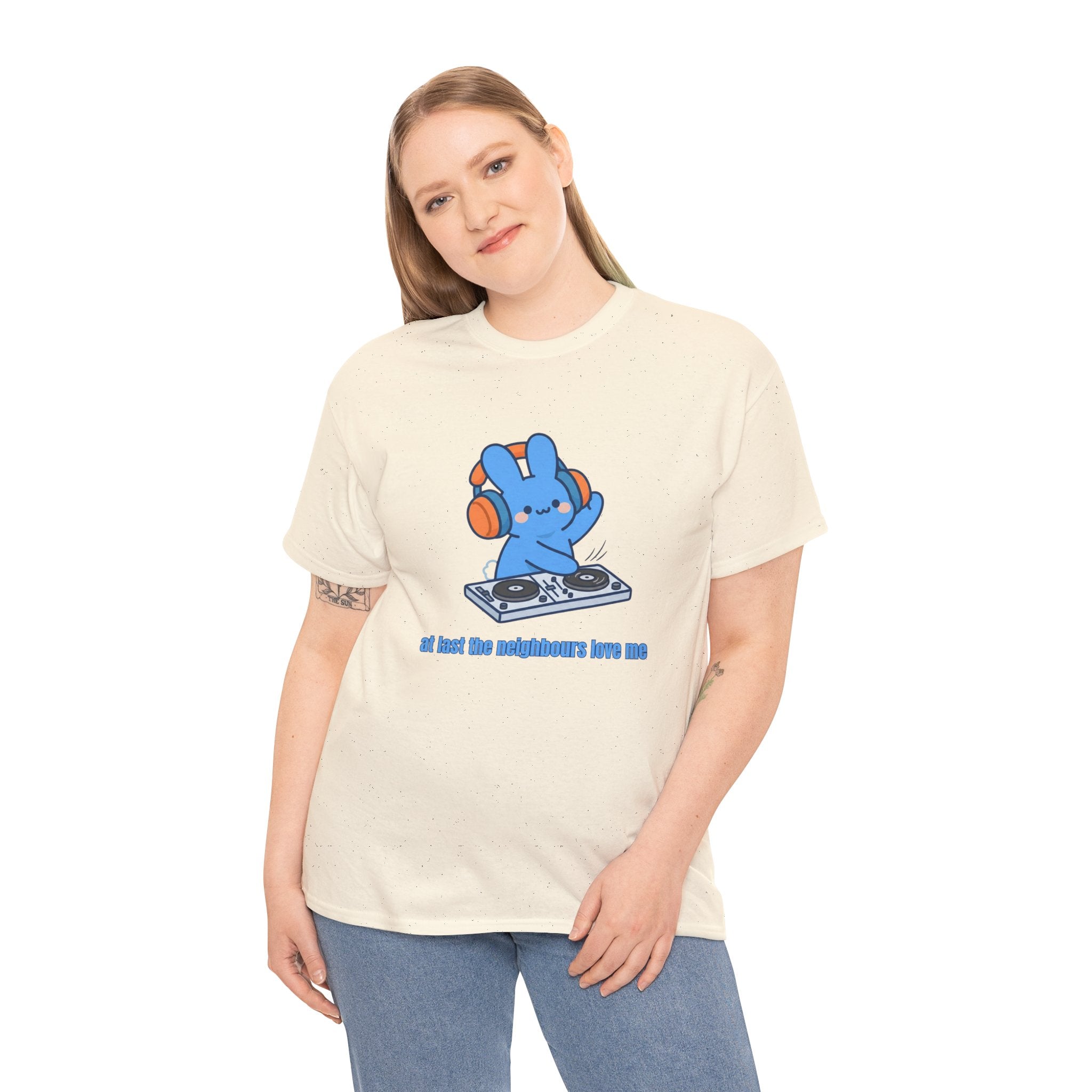 DJ Bunny T‑Shirt — "At least the neighbors love me" Cute Bunny DJ Graphic Tee - Do Not Disturb – Cute Kawaii Bunny Music Headphones Cartoon Graphic T-Shirt