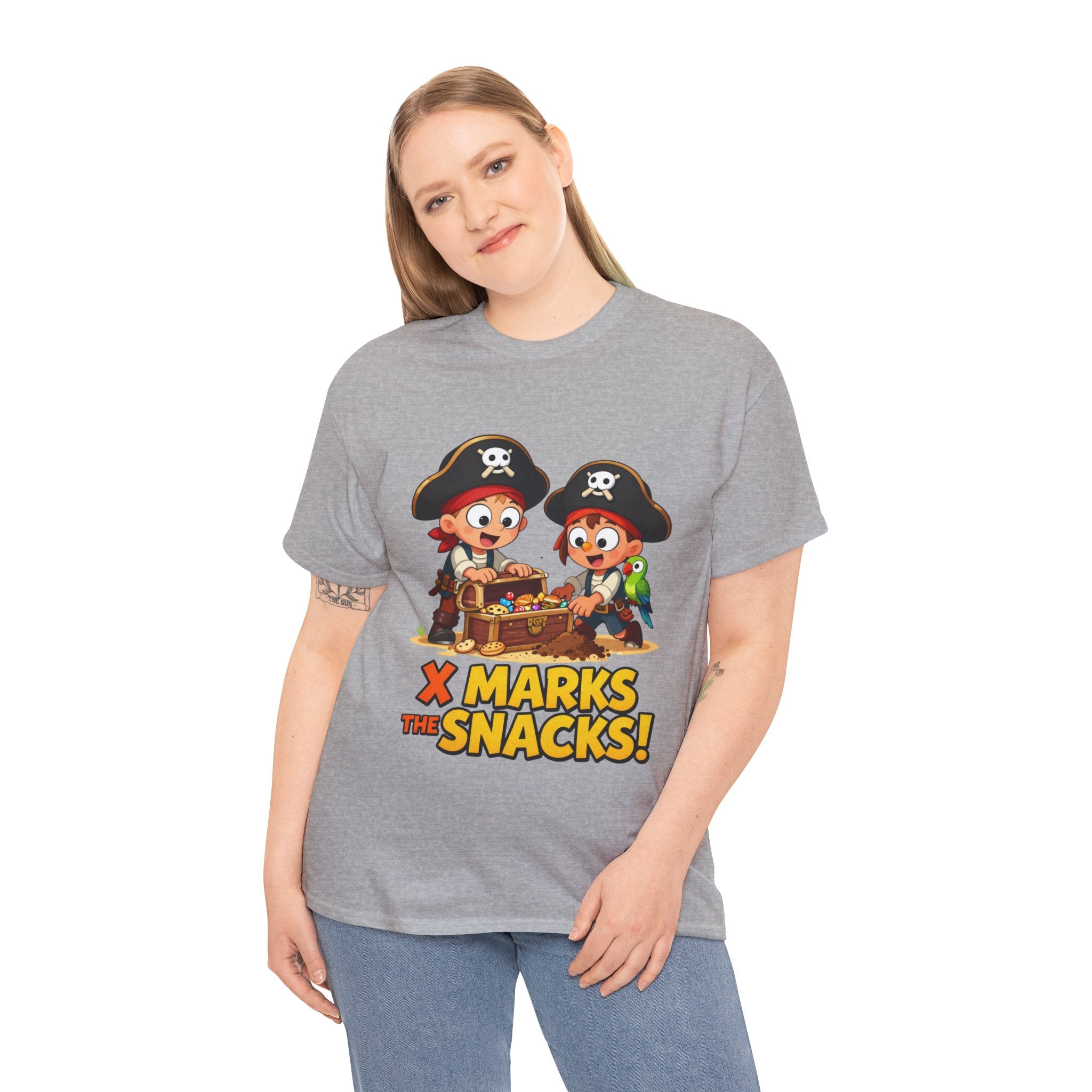X Marks the Snacks T-Shirt – Funny Pirate Treasure Chest Food Cartoon | Pirate Parrot Foodie Humour Graphic Tee