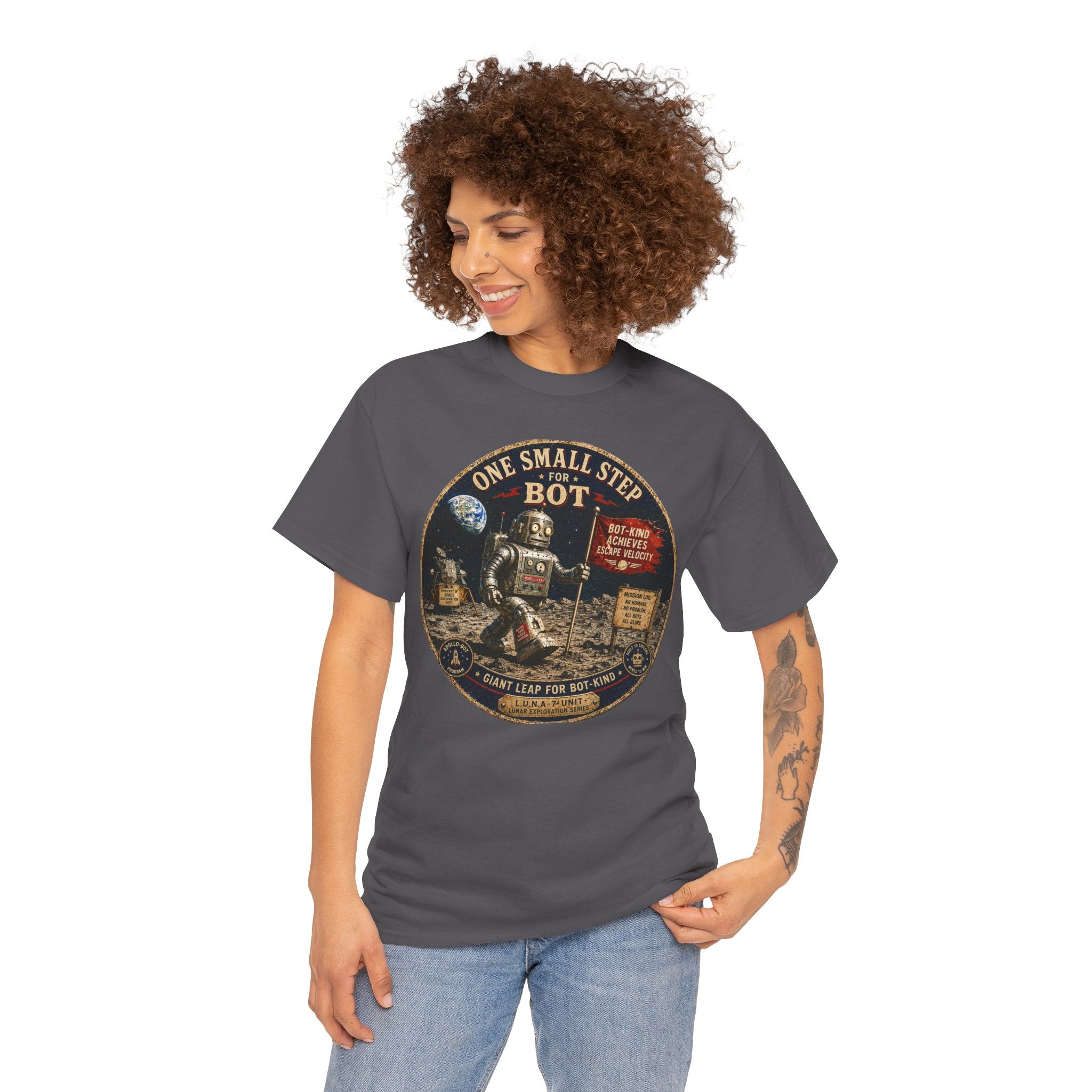 One Small Step for Bot T-Shirt — Funny Retro Space Robot Graphic Tee
