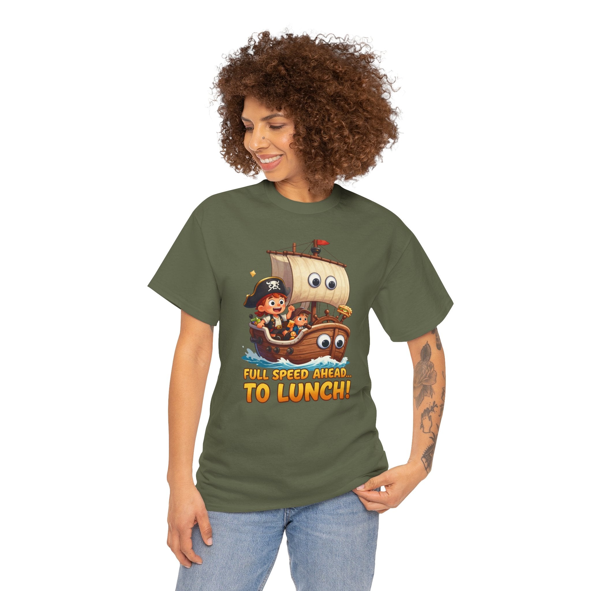 Full Speed Ahead To Lunch T-Shirt – Funny Pirate Ship Food Cartoon | Nautical Foodie Humour Graphic Tee
