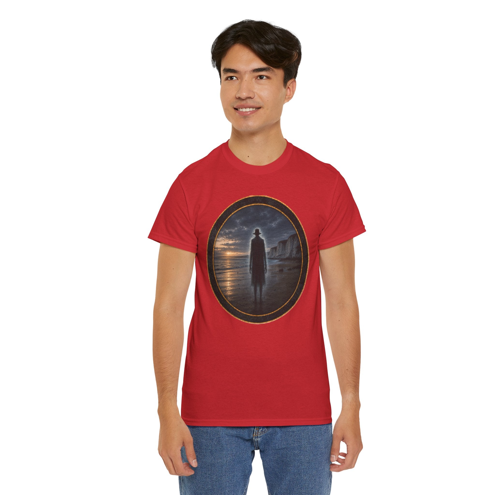 The Watcher on the Shore - Mystic Shore Tee — Silhouette at Dusk Graphic T-Shirt