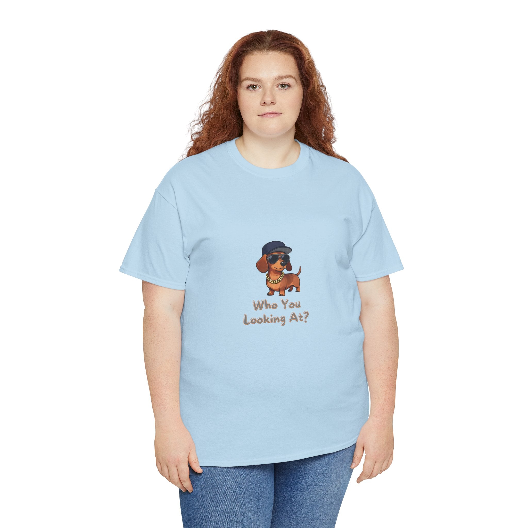 Who You Looking At T-Shirt – Swagger Dachshund Gold Chain Snapback Cool Dog | Funny Sausage Dog Wiener Dog Attitude Tee
