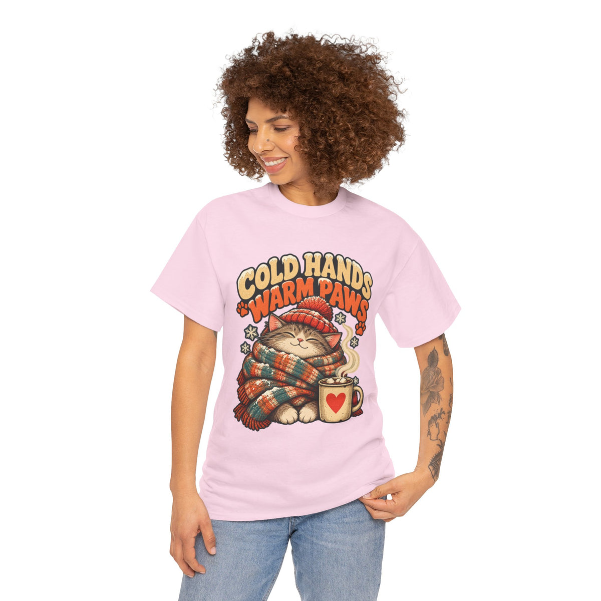 Cold Hands Warm Paws Cat T-Shirt – Cozy Winter Cat Tee with Scarf & Hot Cocoa
