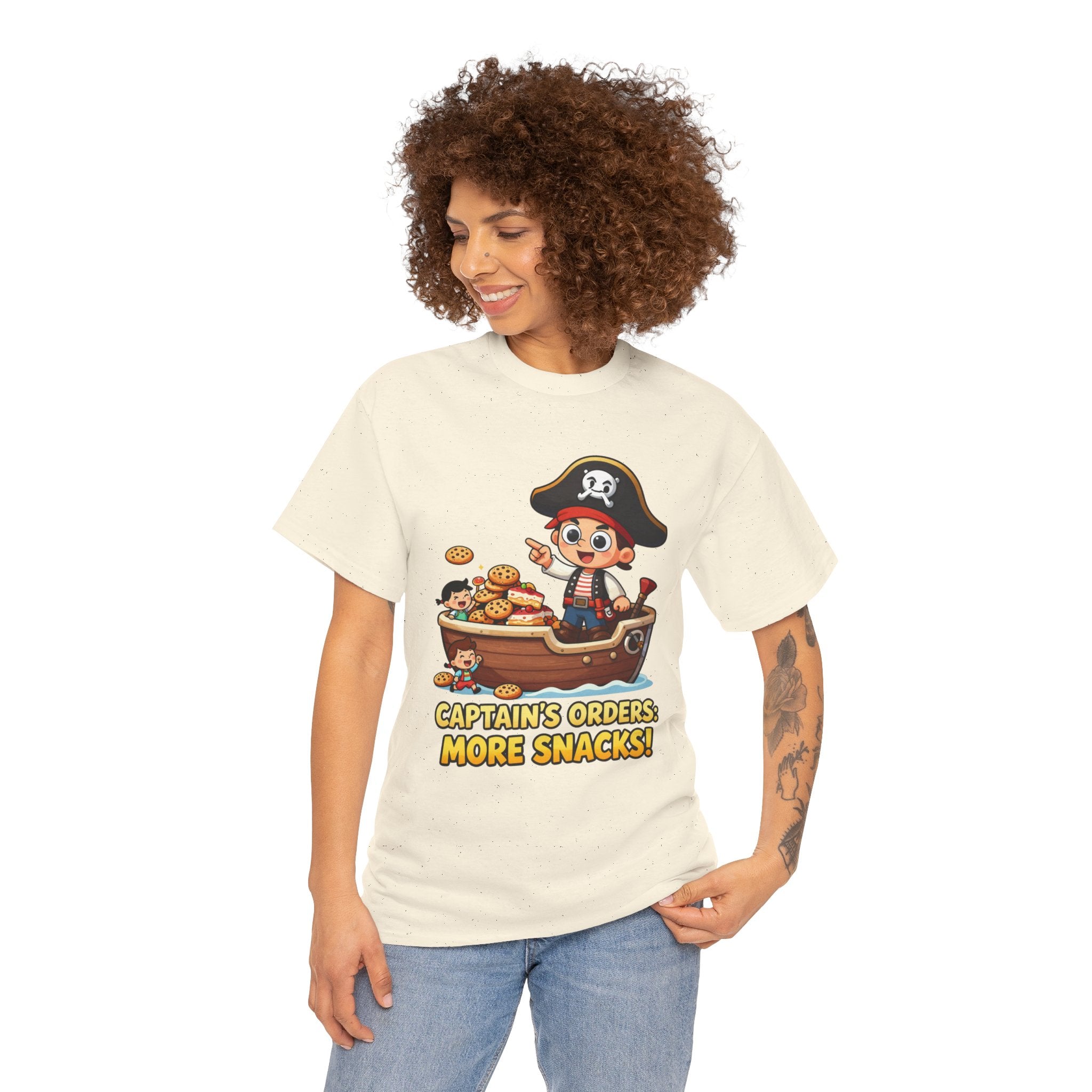 Captain's Orders More Snacks T-Shirt – Funny Pirate Cookie Cake Food Cartoon | Nautical Foodie Humour Graphic Tee