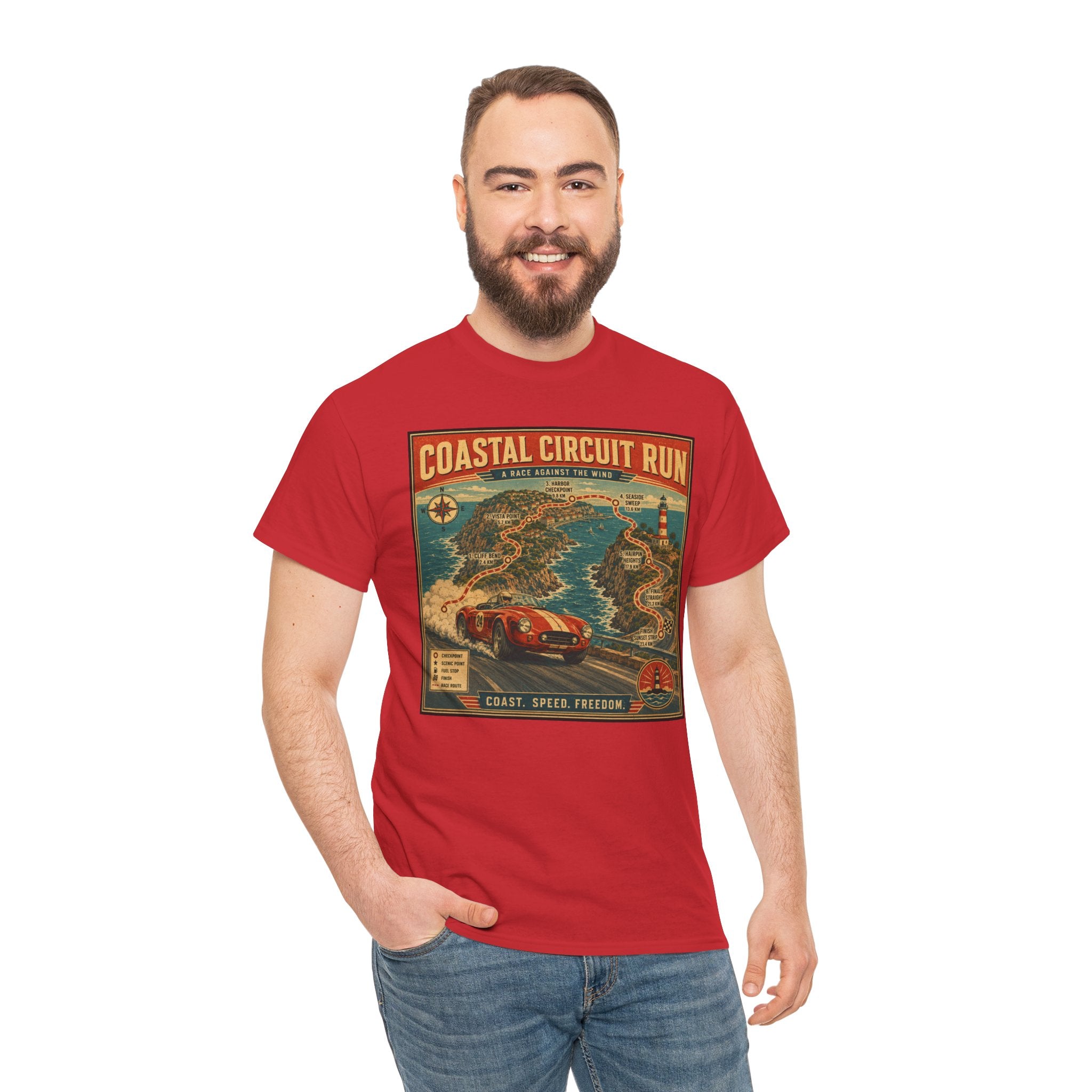Coastal Circuit Run T-Shirt | Vintage Racing Map Graphic Tee | Classic Car Rally Route Shirt | Retro Motorsport Travel Poster Art