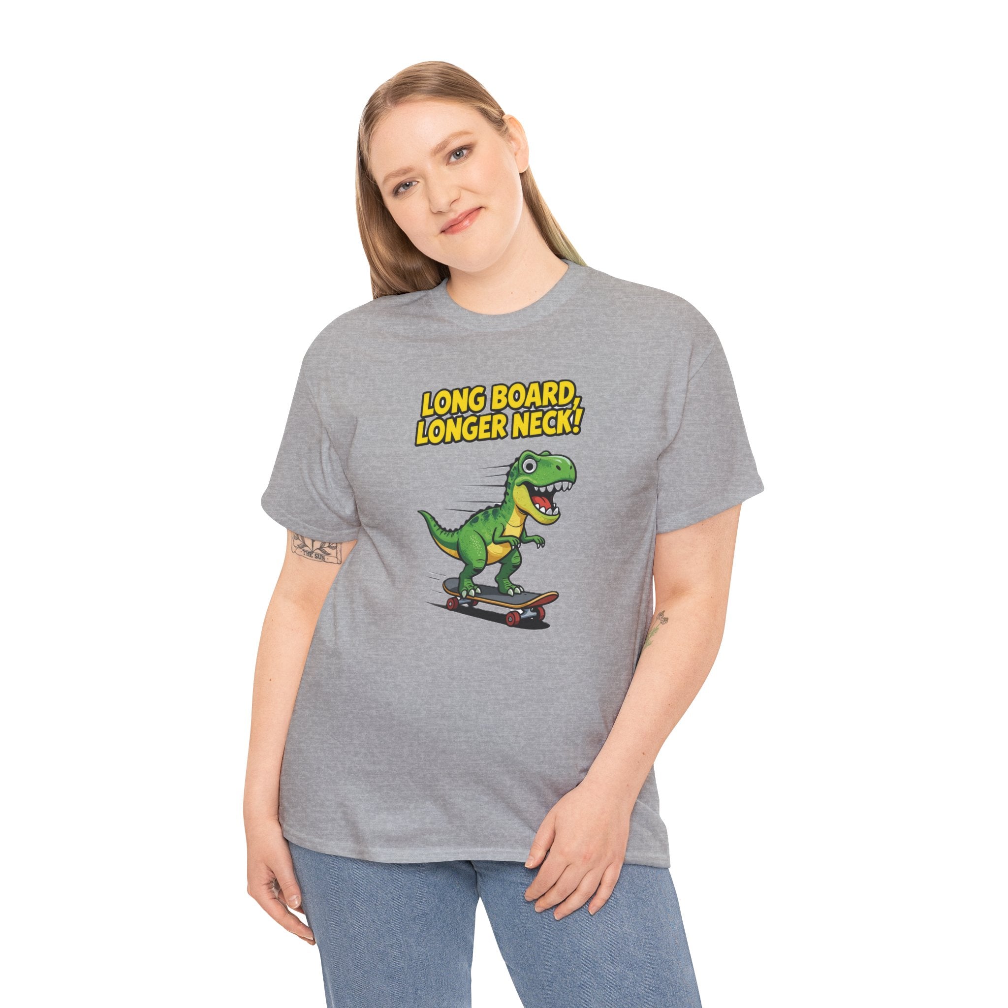 Long Board Longer Neck T-Shirt – Funny Green Dinosaur Longboard Skateboard Cartoon | Dino Skater Graphic Tee