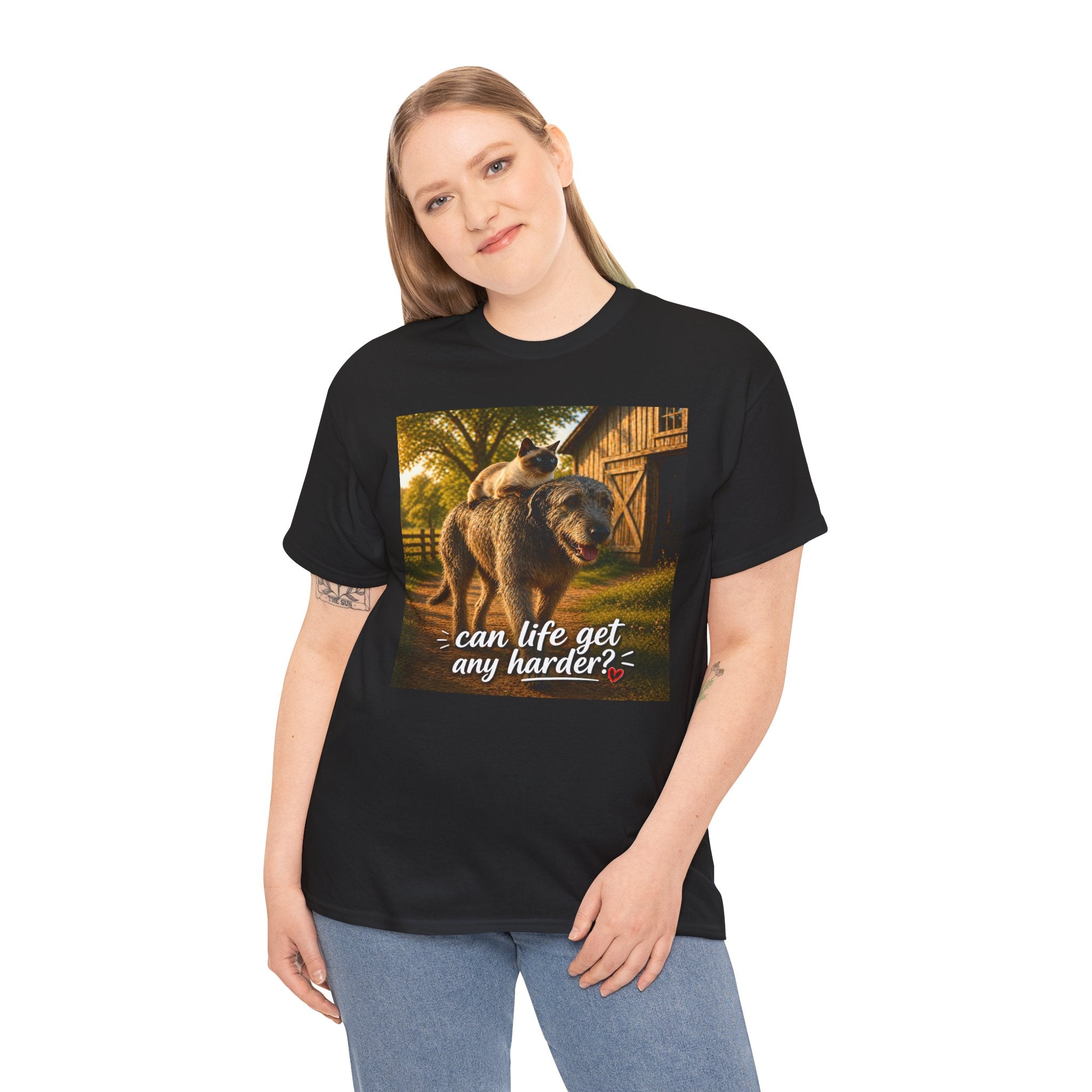 Cat Riding Dog Funny Farm Animal Friendship T-Shirt