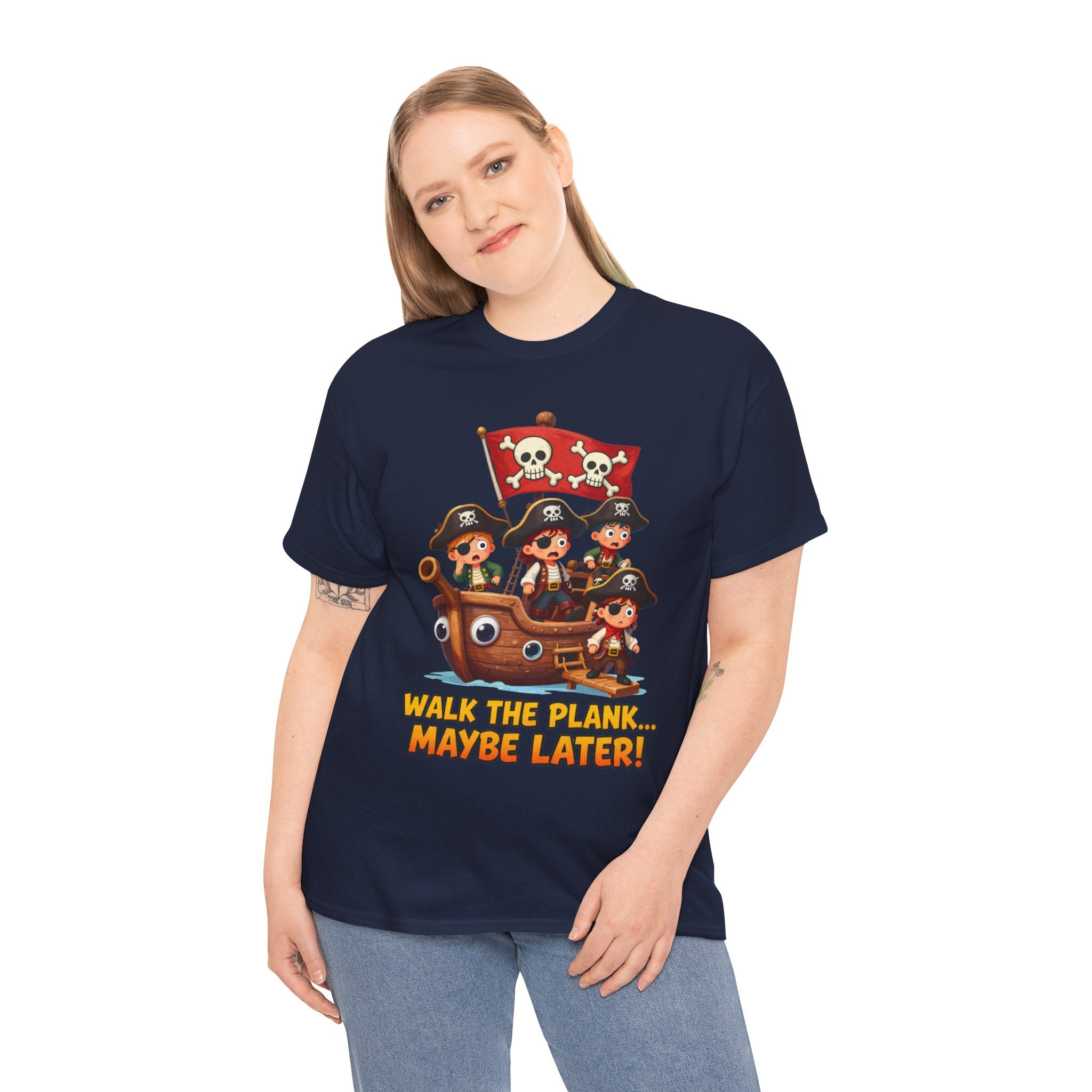 Walk the Plank Maybe Later T-Shirt – Funny Cartoon Pirate Ship Jolly Roger | Procrastination Humour Graphic Tee