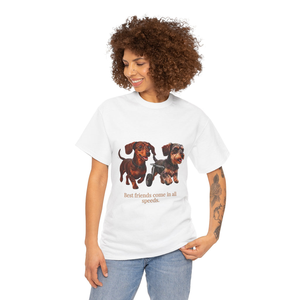 Dachshund Friends T-Shirt — Best Friends Roll Together | Cute Dachshund Mobility Dog Tee | Heartwarming Furry Friends Graphic T-Shirt