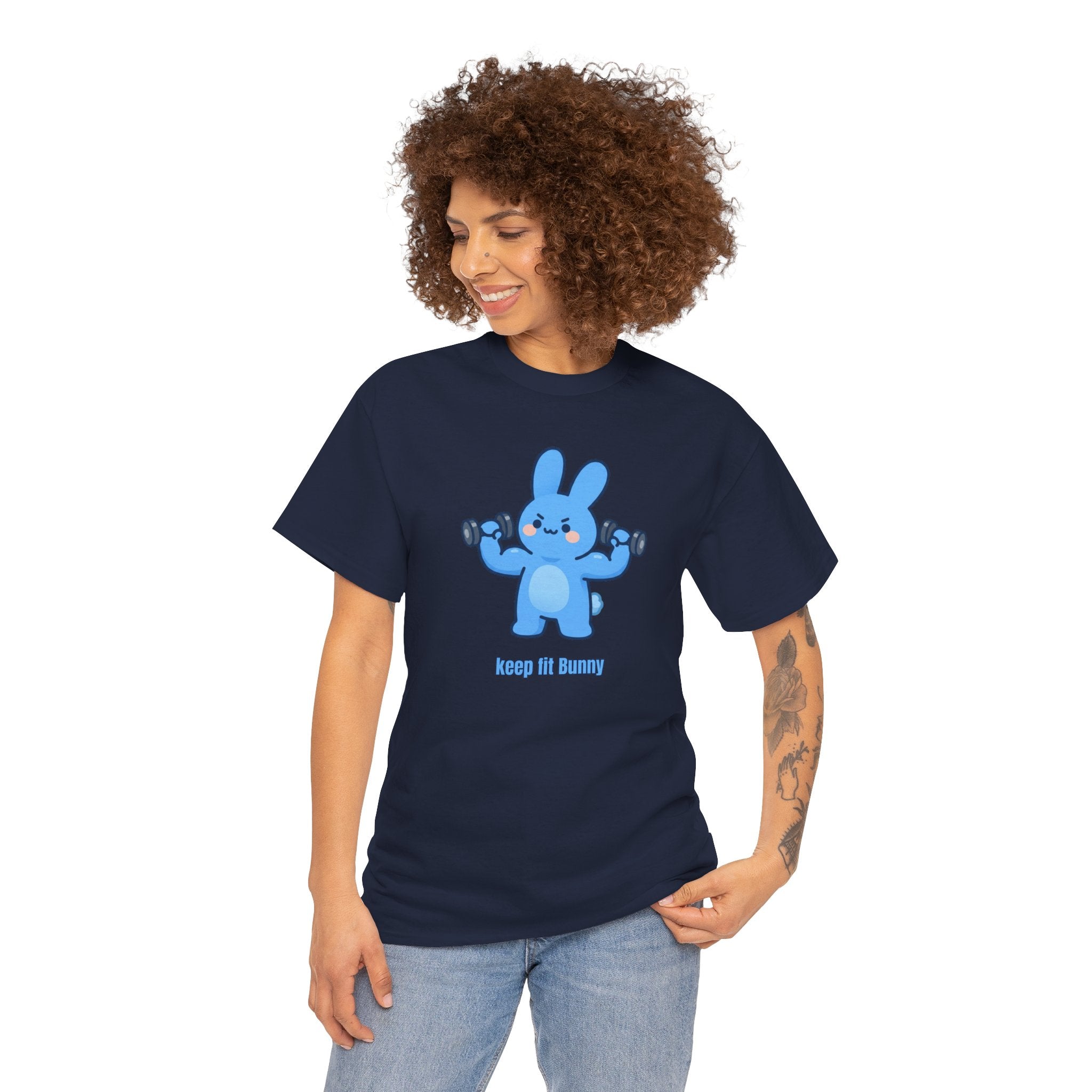 Cute Blue Bunny Weightlifting Tee — "Keep it Bunny" Fitness T-Shirt - Cute AND strong?! 💪🐰 Meet Keep Fit Bunny — pumping dumbbells, flexing hard, and looking absolutely determined. The most motivated little bunny you'll ever meet!